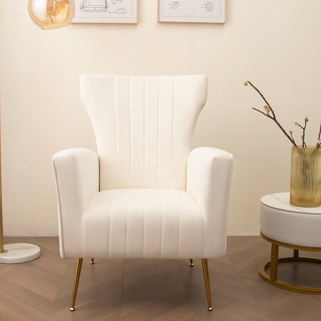 Velvet Accent Chair, Wingback Arm Chair With Gold Legs, Upholstered Single Sofa For Living Room Bedroom, White White Velvet 1 Seat