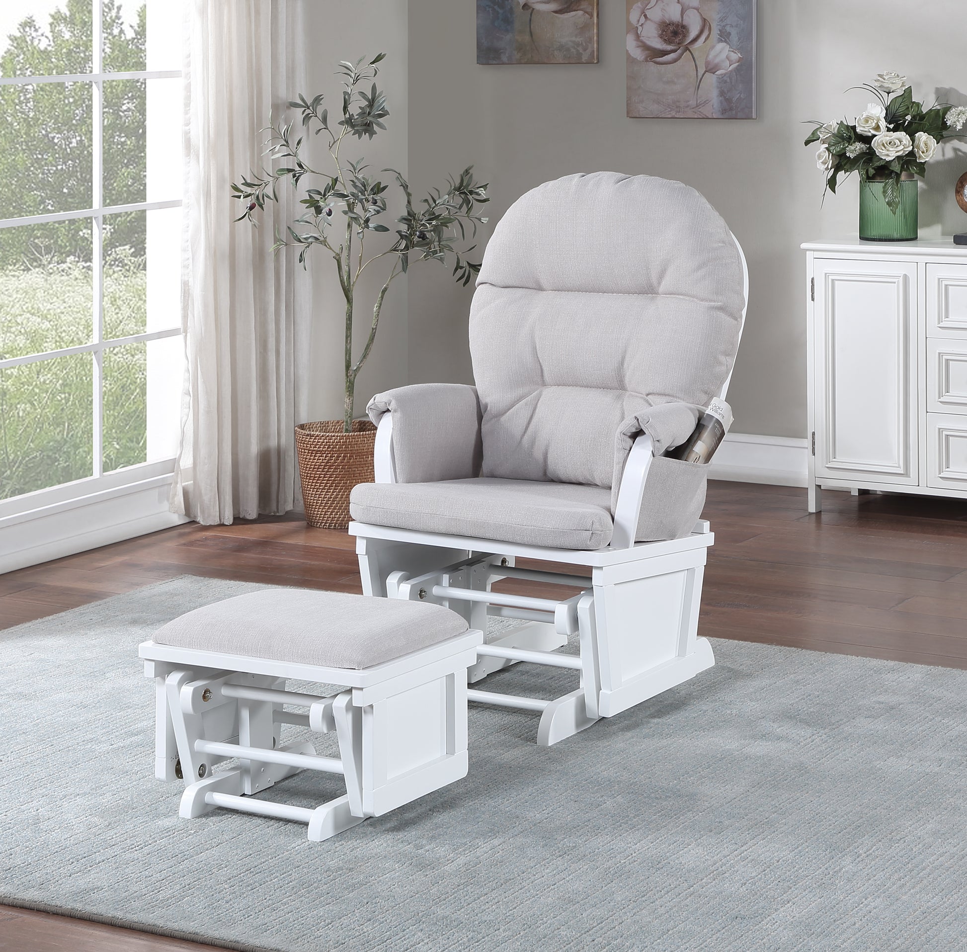 Madison Glider & Ottoman White Woven Gray White Polyester Solid Wood