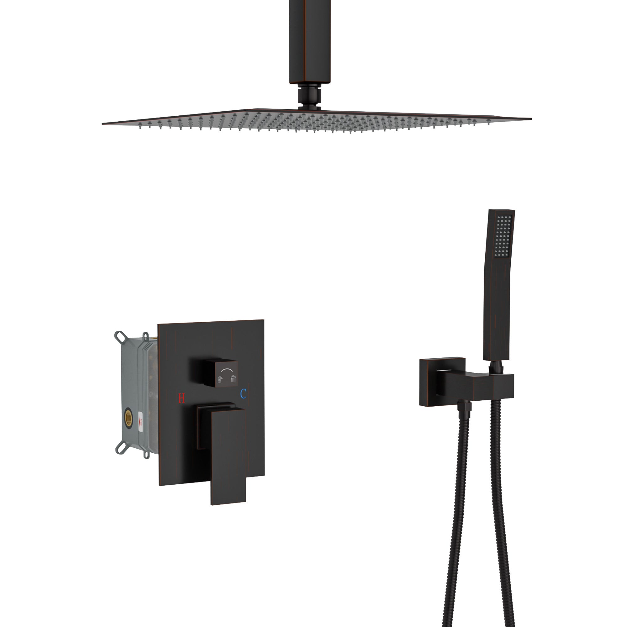 Dual Shower Head 16 Inch Ceiling Mount Square Shower oil-rubbed bronze-stainless steel
