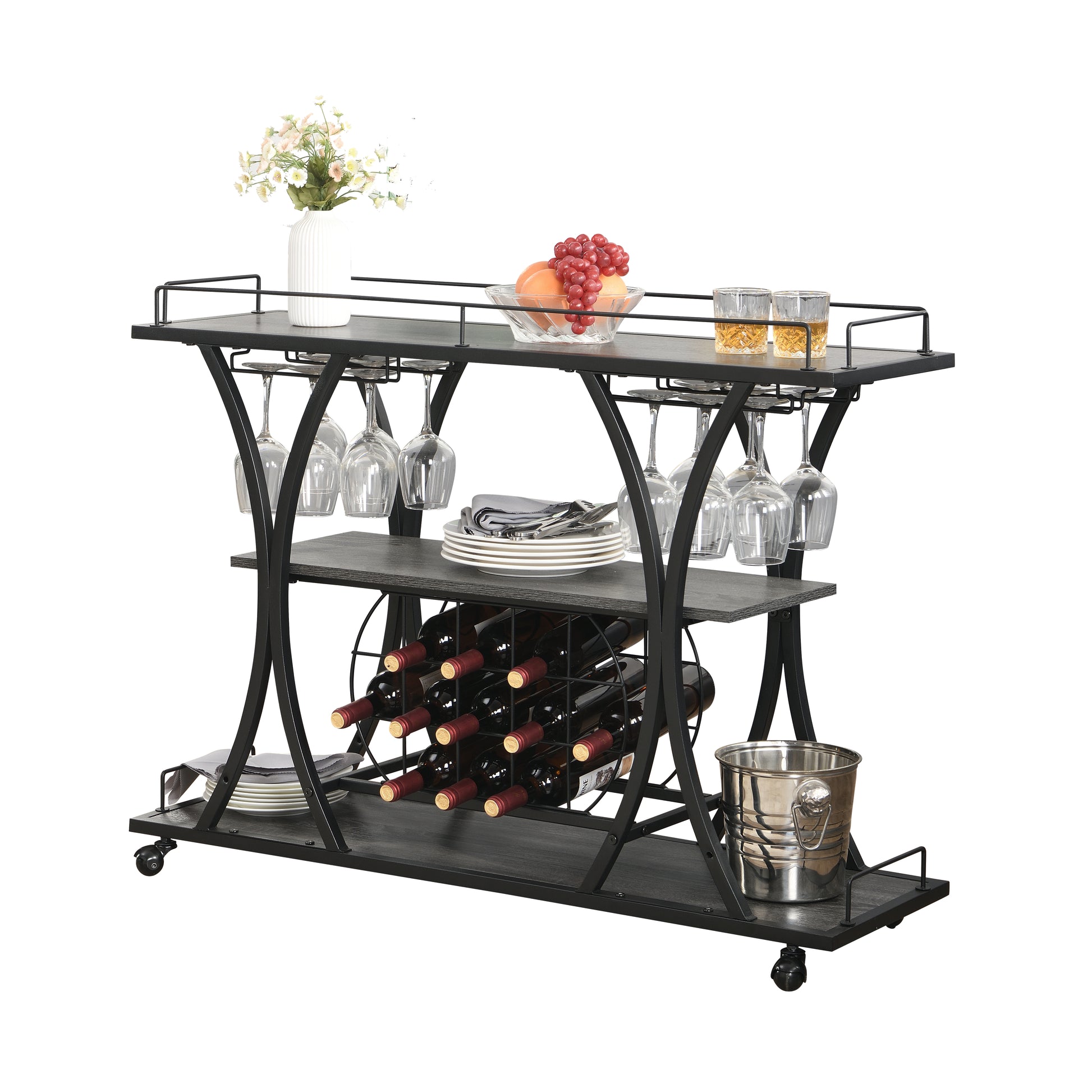 Industrial Bar Cart Kitchen Bar&Serving Cart For Home With Wheels 3 Tier Storage Shelves Black Gray Mdf Iron