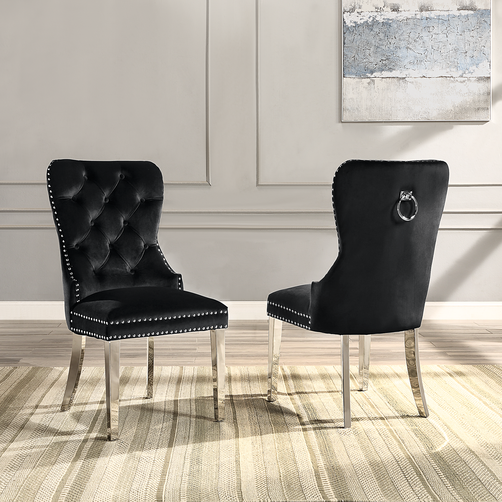 Modern Velvet Dining Chairs Set Of 2, Tufted Accent Upholstered Chairs Wingback Armless Side Chair Black Velvet