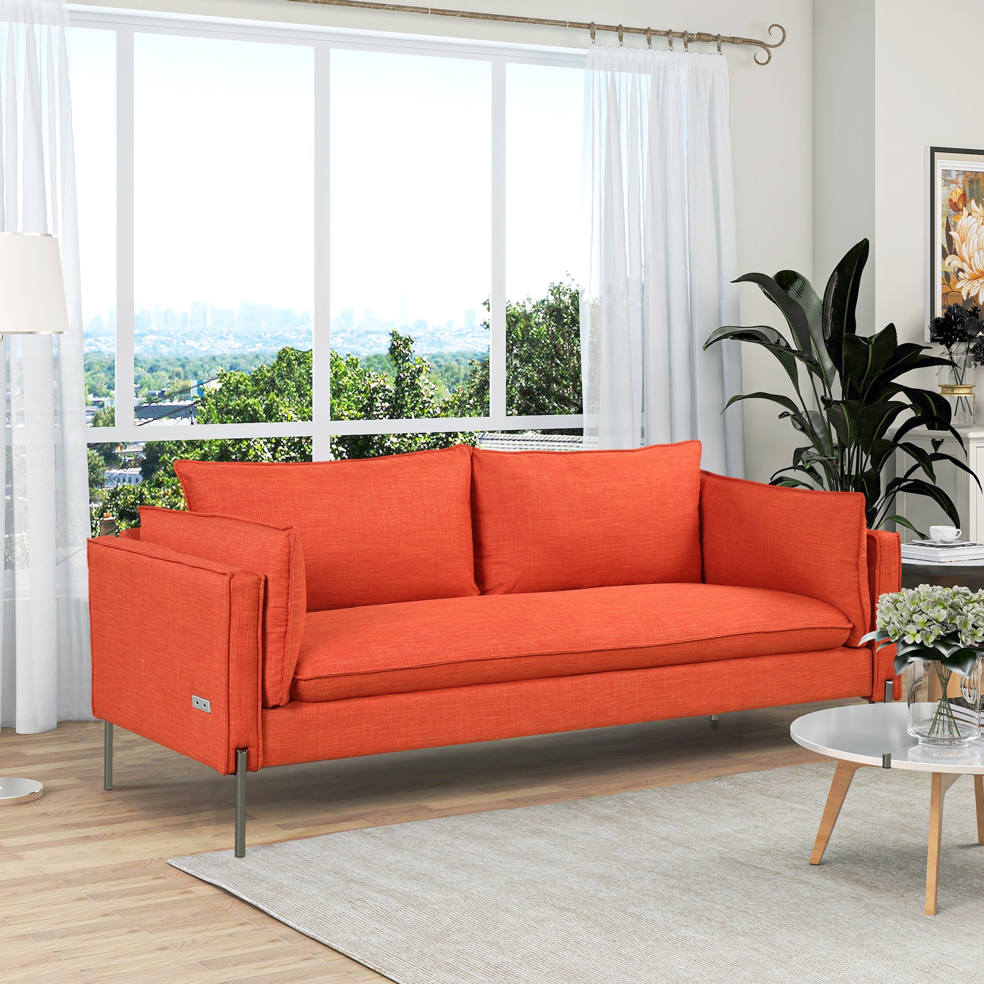 76.2" Modern Style 3 Seat Sofa Linen Fabric Upholstered Couch Furniture 3 Seats Couch For Different Spaces,Living Room,Apartment Orange Foam Linen