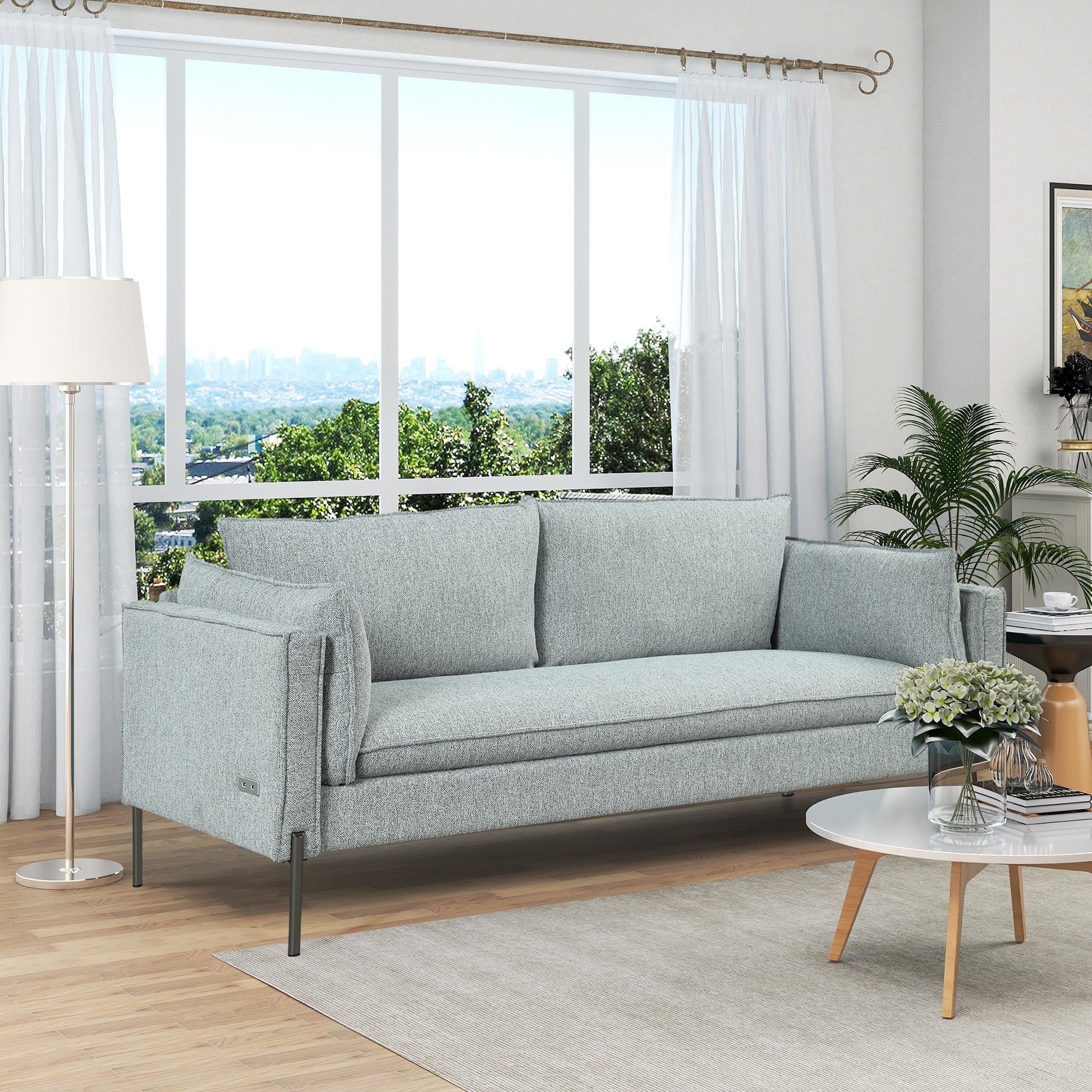 76.2" Modern Style 3 Seat Sofa Linen Fabric Upholstered Couch Furniture 3 Seats Couch For Different Spaces,Living Room,Apartment Gray Foam Linen