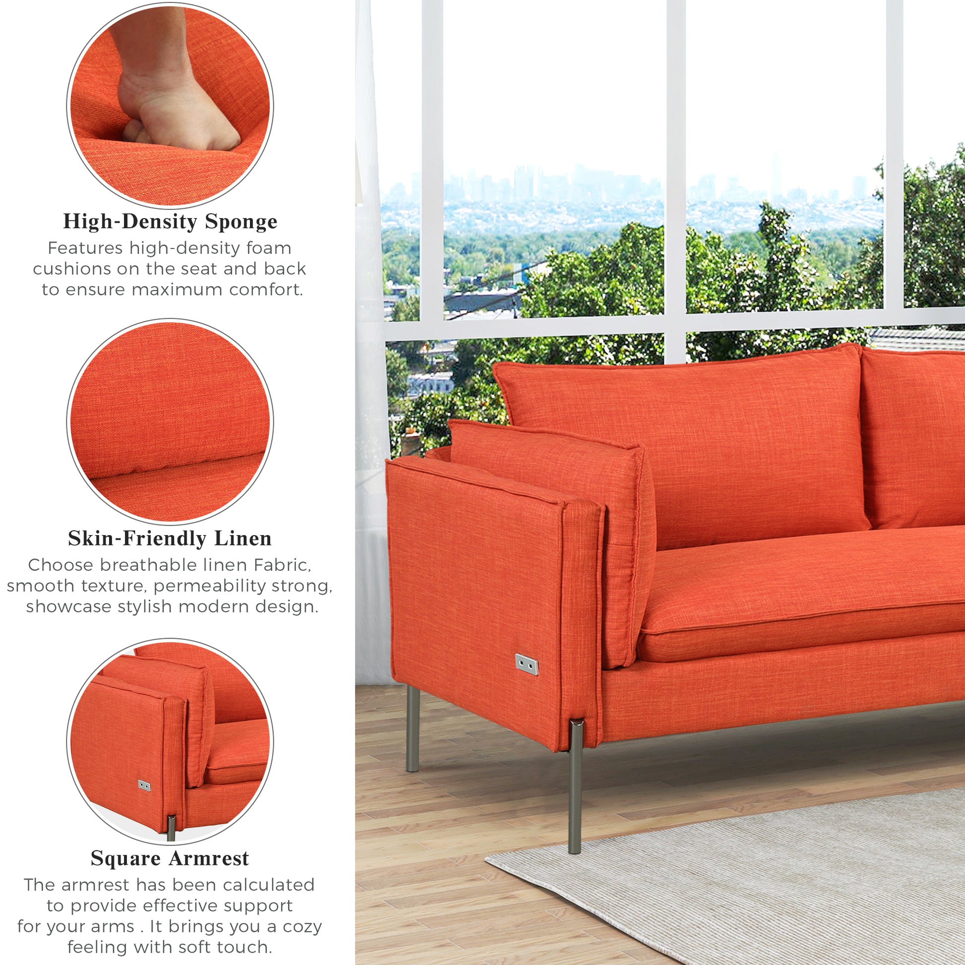 76.2" Modern Style 3 Seat Sofa Linen Fabric Upholstered Couch Furniture 3 Seats Couch For Different Spaces,Living Room,Apartment Orange Foam Linen