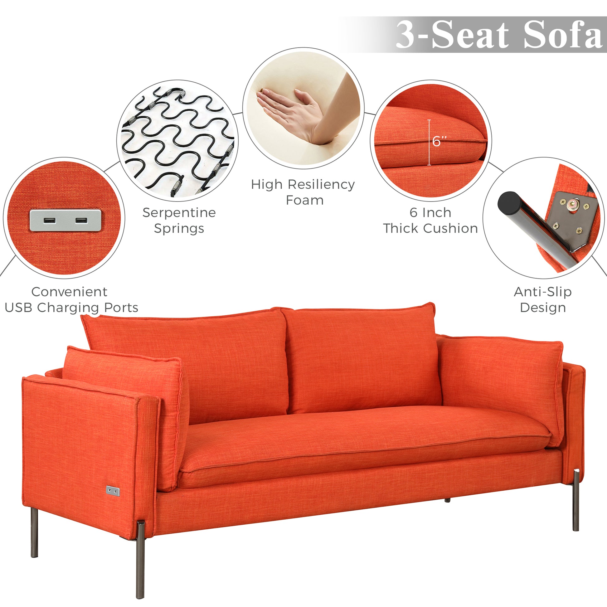 76.2" Modern Style 3 Seat Sofa Linen Fabric Upholstered Couch Furniture 3 Seats Couch For Different Spaces,Living Room,Apartment Orange Foam Linen