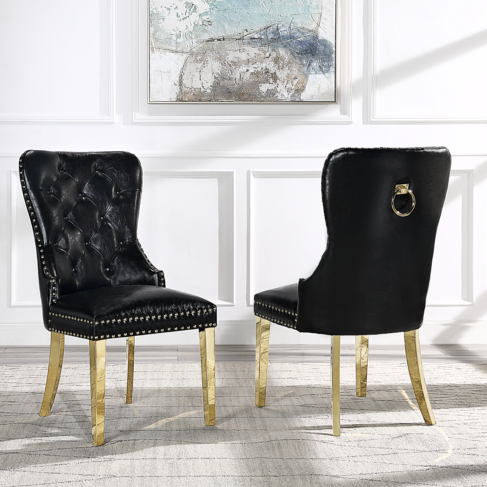 Moderndining Chairs Set Of 2, Tufted Accent Upholstered Chairs Wingback Armless Side Chair Black Leather