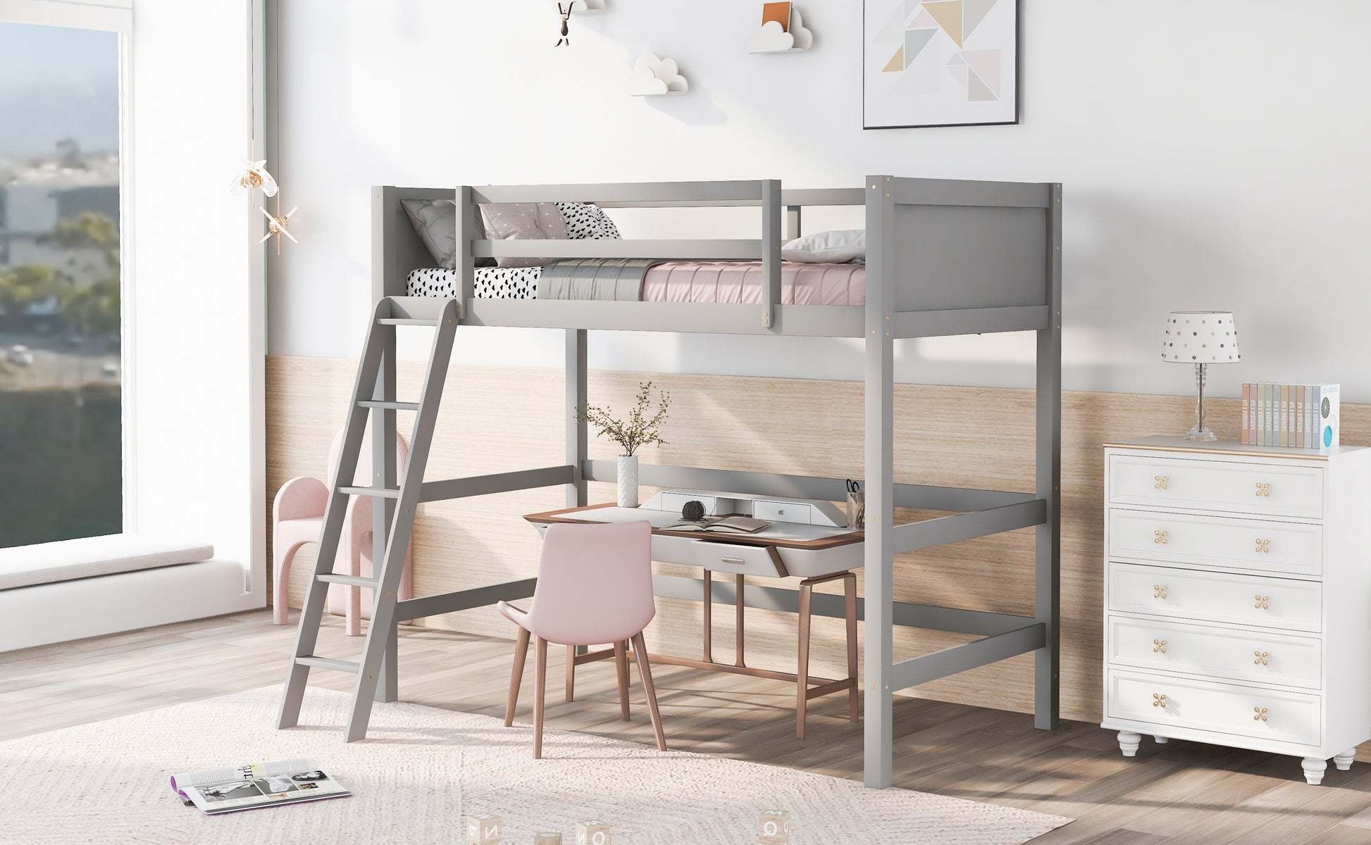 Solid Wood Twin Size Loft Bed With Ladder Gray Old Sku: Wf191903Aae Gray Solid Wood