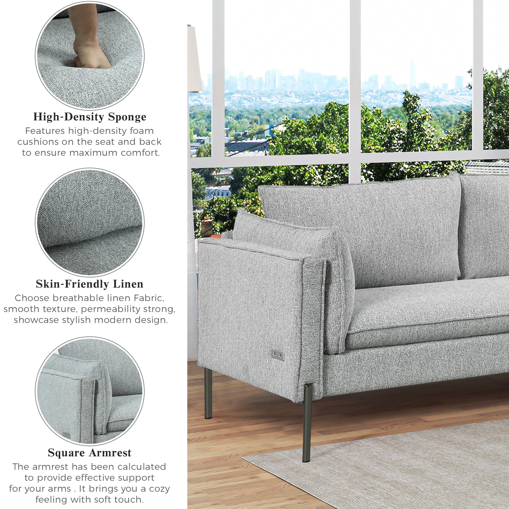 76.2" Modern Style 3 Seat Sofa Linen Fabric Upholstered Couch Furniture 3 Seats Couch For Different Spaces,Living Room,Apartment Gray Foam Linen