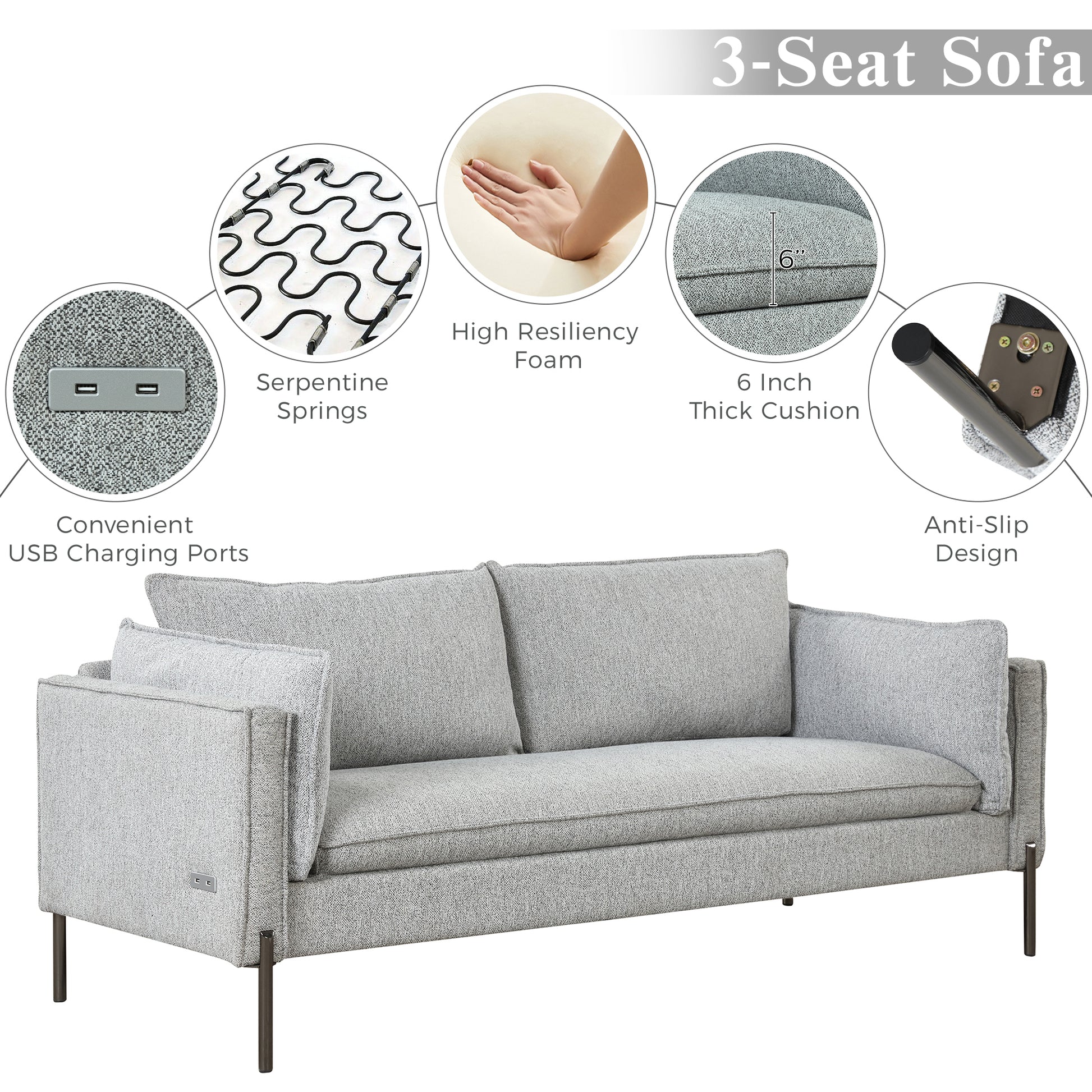 76.2" Modern Style 3 Seat Sofa Linen Fabric Upholstered Couch Furniture 3 Seats Couch For Different Spaces,Living Room,Apartment Gray Foam Linen