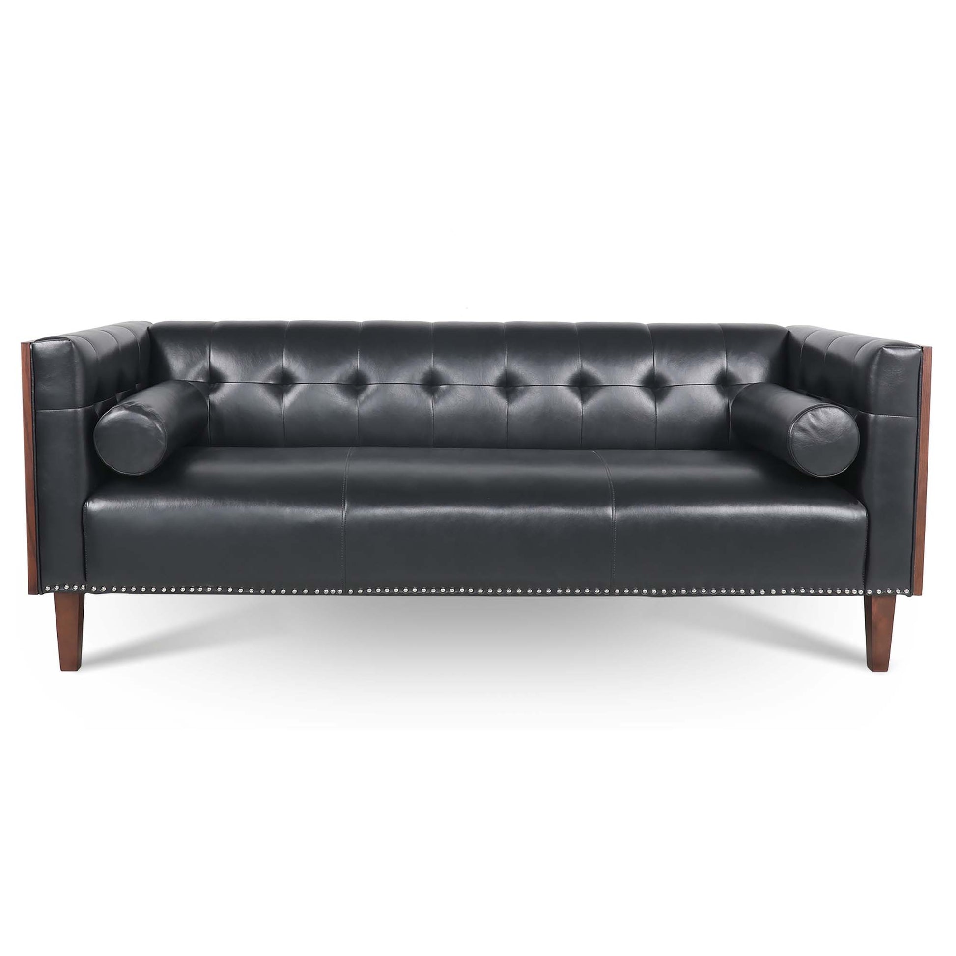 78.74" Wooden Decorated Arm 3 Seater Sofa Black Pu Pu