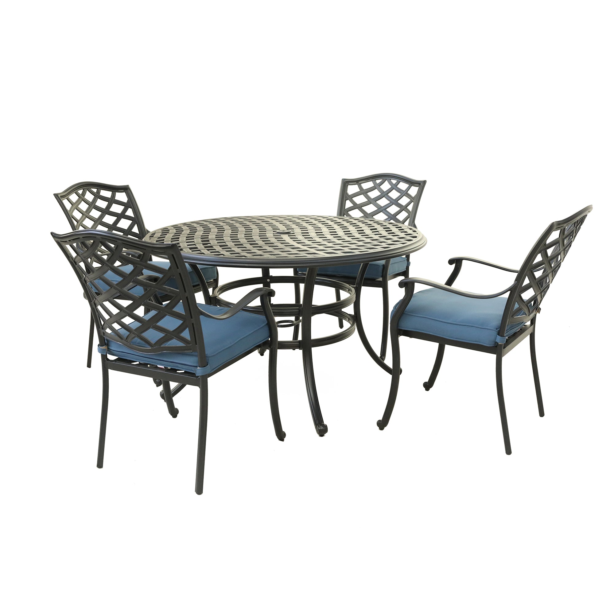 Aluminum 5 Piece Round Dining Set With 4 Arm Chairs, Sapphire Blue Brown Blue Polyester Aluminum