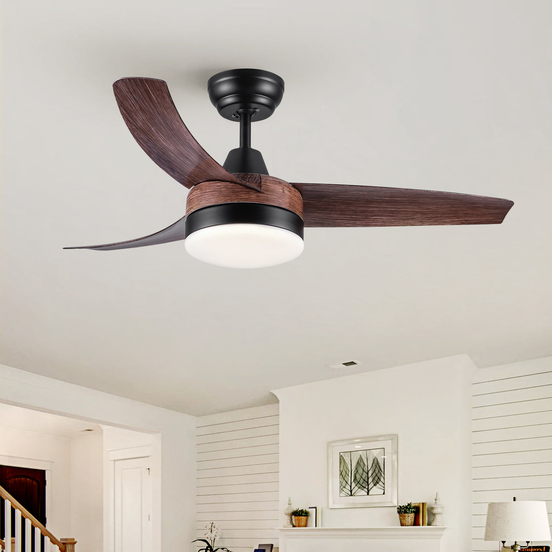 42" Yuhao Farmhouse Rustic Led Ceiling Fan With Brown Wood Grain Abs Blades And Remote Control Brown Abs