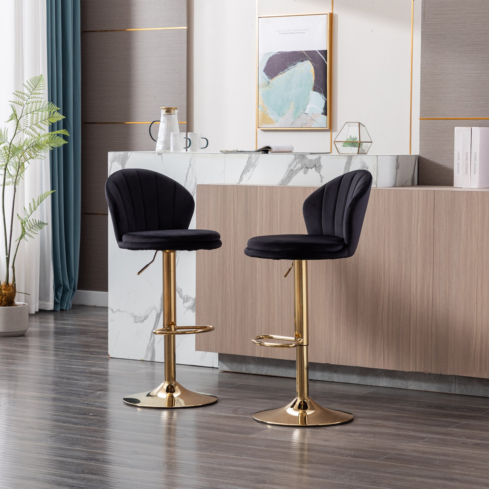Set Of 2 Bar Stools,With Chrome Footrest And Base Swivel Height Adjustable Mechanical Lifting Velvet Golden Leg Simple Bar Stool Black Black Foam Fabric