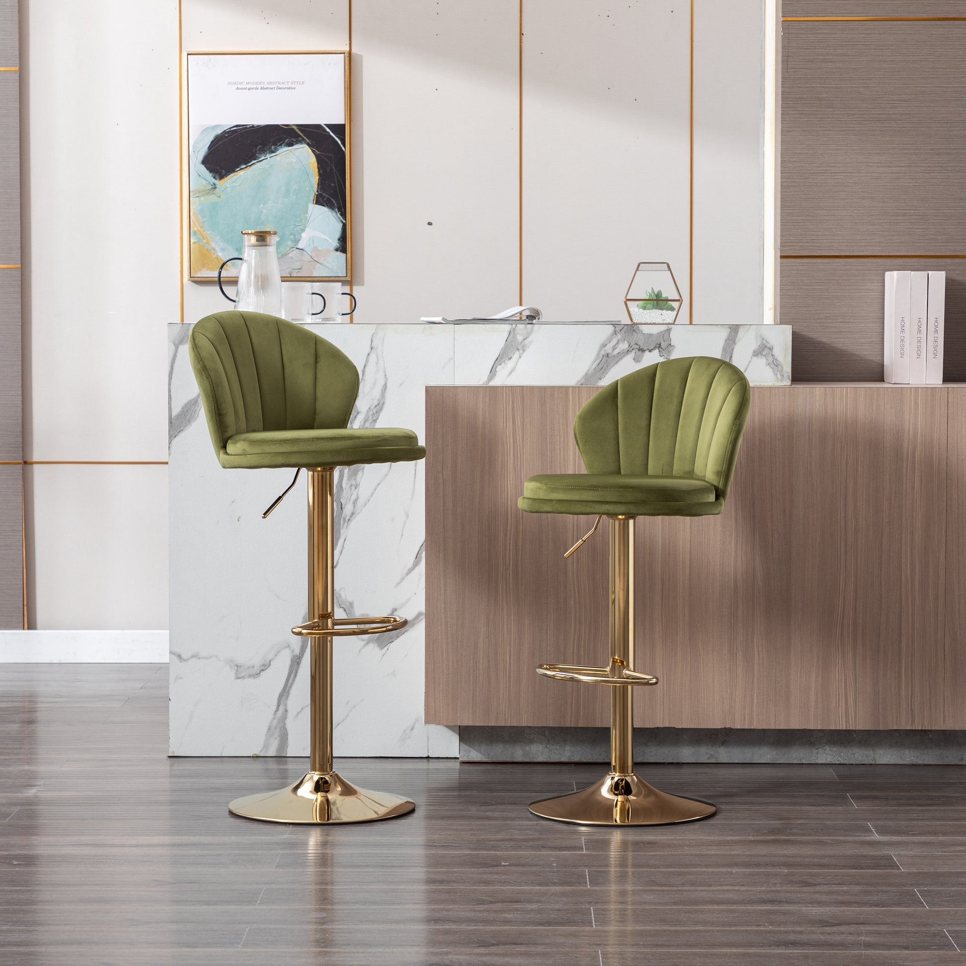 Set Of 2 Bar Stools,With Chrome Footrest And Base Swivel Height Adjustable Mechanical Lifting Velvet Golden Leg Simple Bar Stool Light Green Light Green Foam Fabric