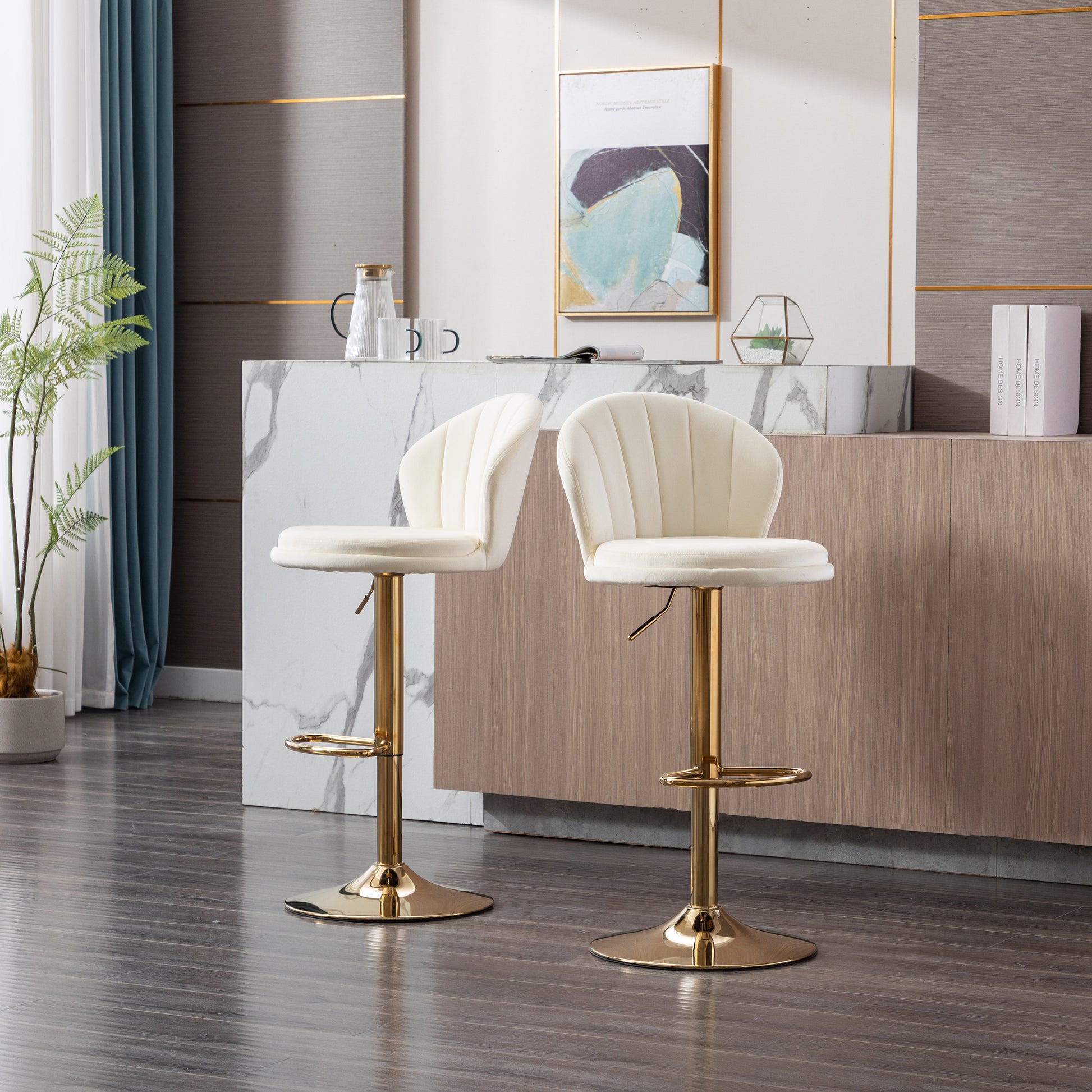 Set Of 2 Bar Stools,With Chrome Footrest And Base Swivel Height Adjustable Mechanical Lifting Velvet Golden Leg Simple Bar Stool Cream Cream Foam Fabric