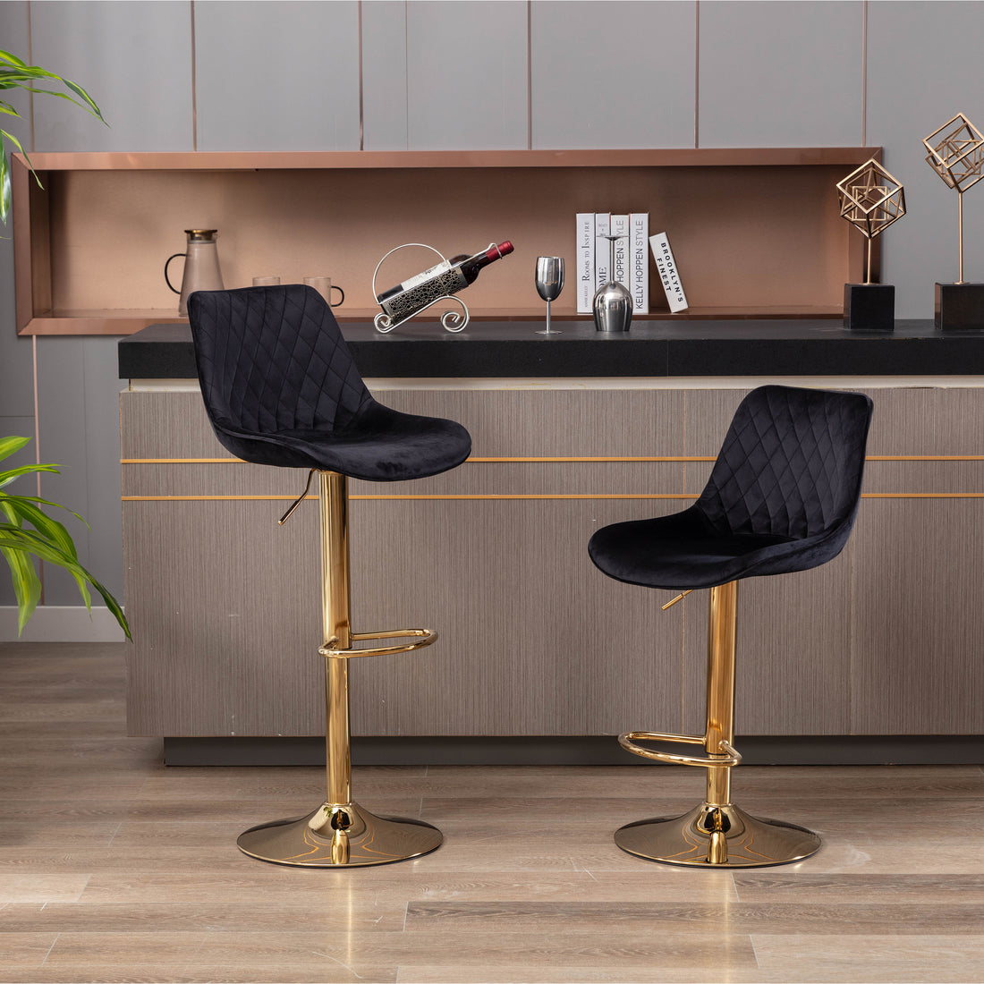 Set Of 2 Bar Stools,With Chrome Footrest And Base Swivel Height Adjustable Mechanical Lifting Velvet Golden Leg Simple Bar Stool Black Black Foam Fabric