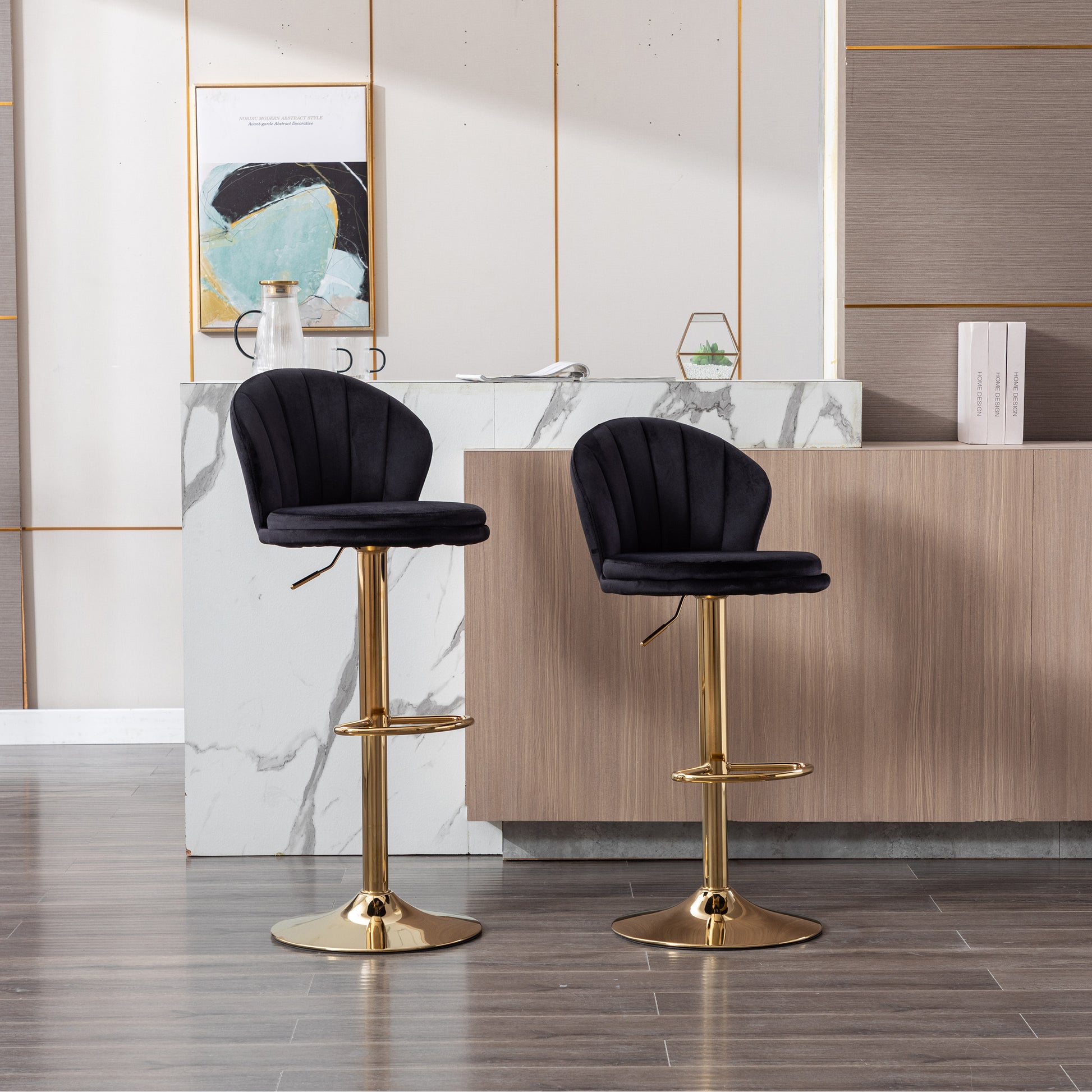 Set Of 2 Bar Stools,With Chrome Footrest And Base Swivel Height Adjustable Mechanical Lifting Velvet Golden Leg Simple Bar Stool Black Black Foam Fabric