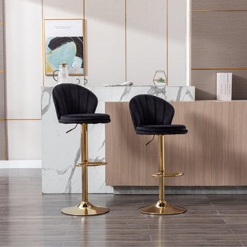 Set Of 2 Bar Stools,With Chrome Footrest And Base Swivel Height Adjustable Mechanical Lifting Velvet Golden Leg Simple Bar Stool Black Black Foam Fabric