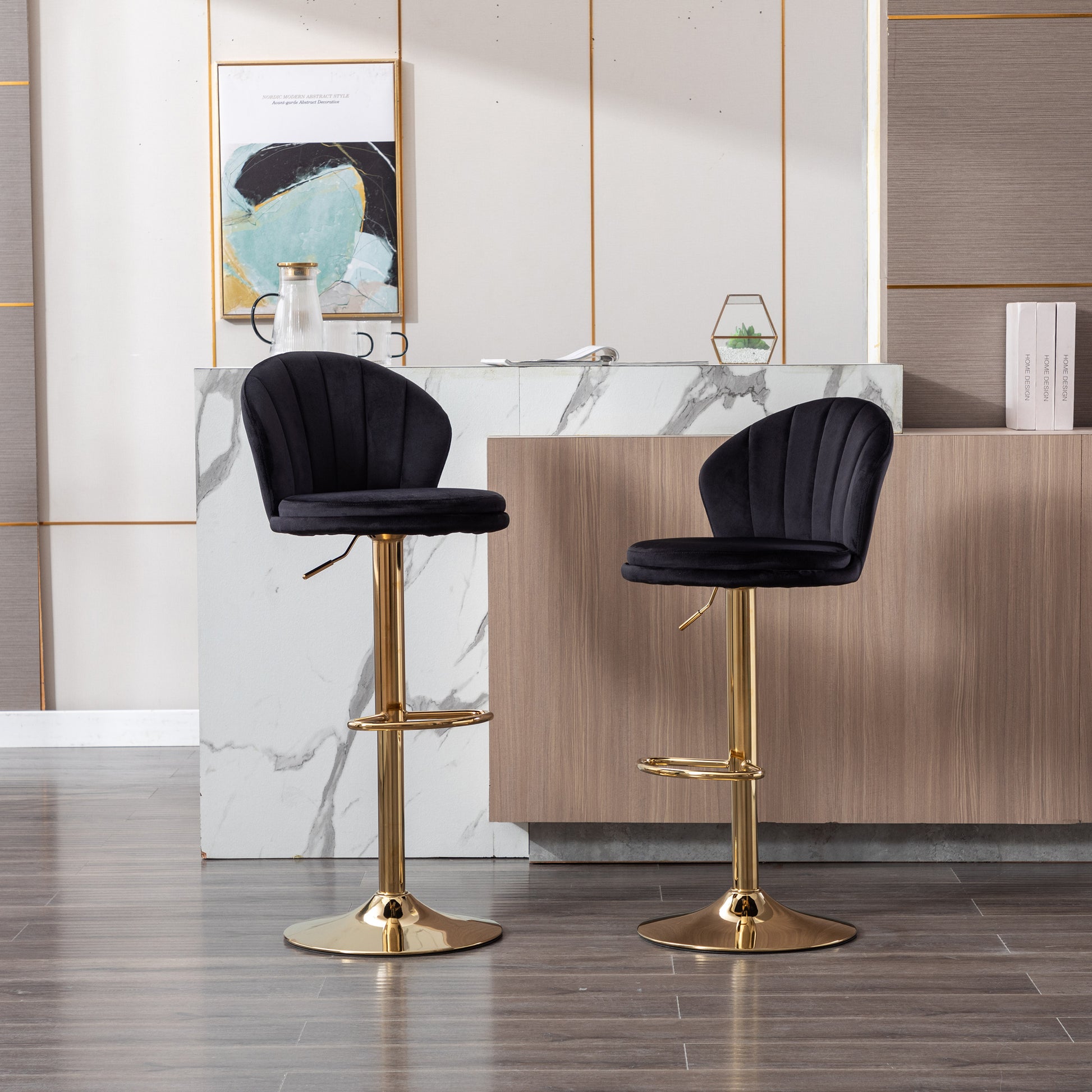 Set Of 2 Bar Stools,With Chrome Footrest And Base Swivel Height Adjustable Mechanical Lifting Velvet Golden Leg Simple Bar Stool Black Black Foam Fabric