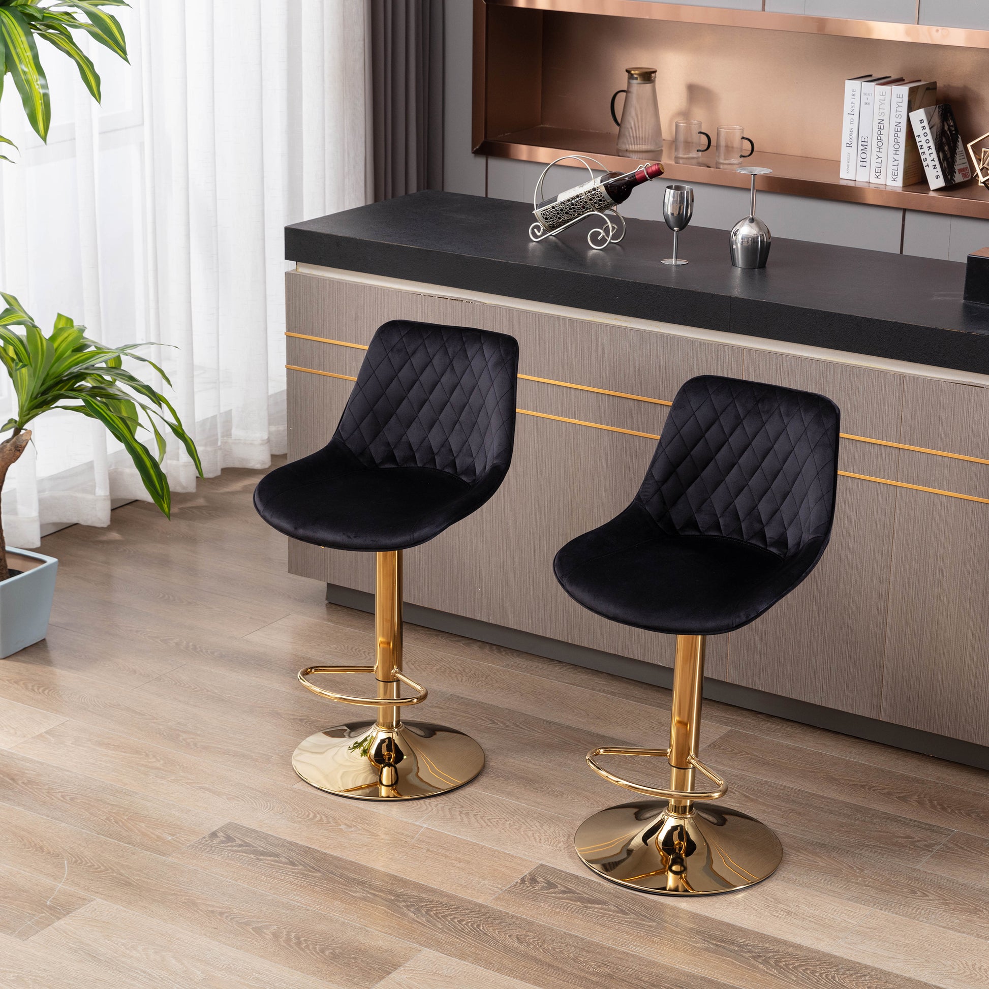 Set Of 2 Bar Stools,With Chrome Footrest And Base Swivel Height Adjustable Mechanical Lifting Velvet Golden Leg Simple Bar Stool Black Black Foam Fabric