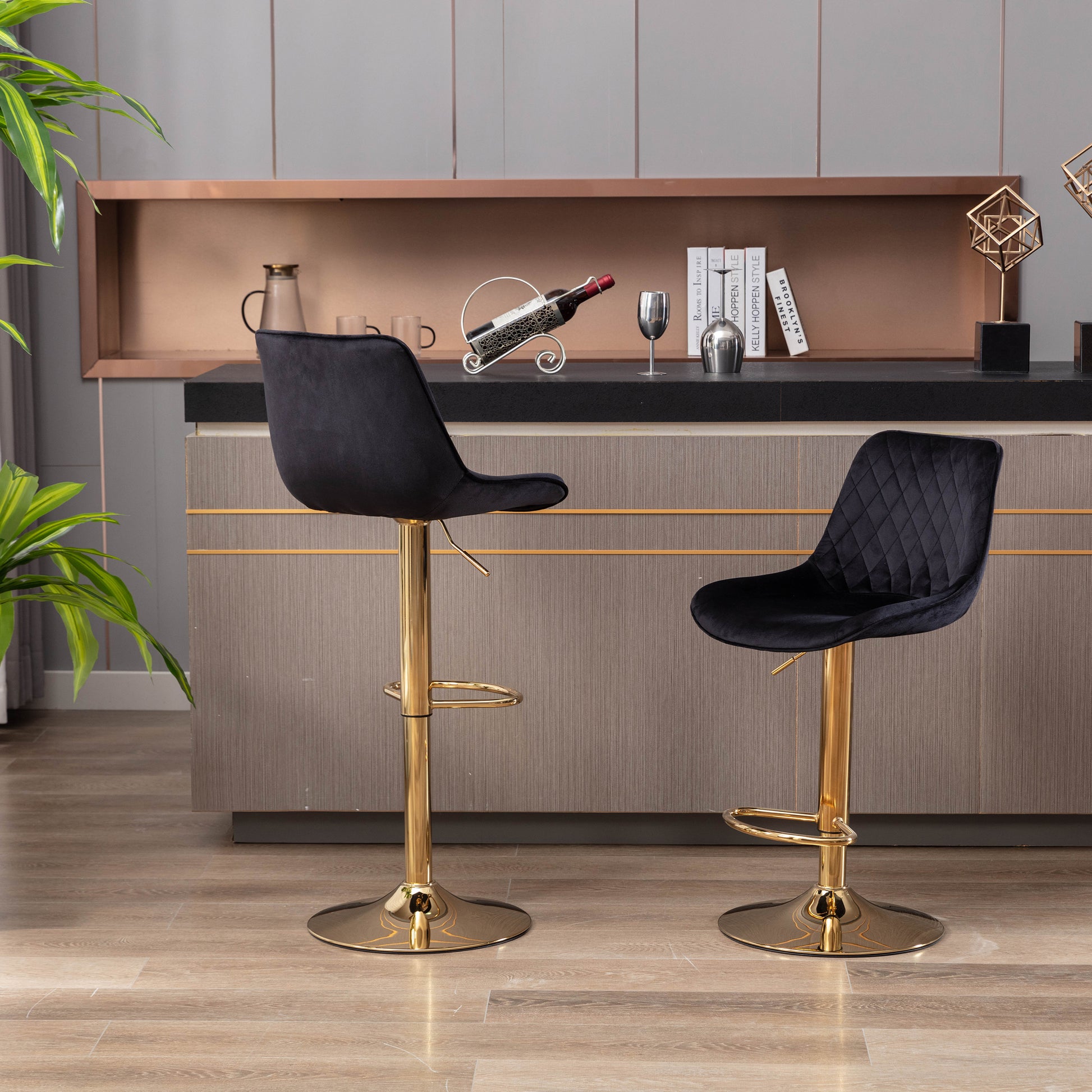 Set Of 2 Bar Stools,With Chrome Footrest And Base Swivel Height Adjustable Mechanical Lifting Velvet Golden Leg Simple Bar Stool Black Black Foam Fabric