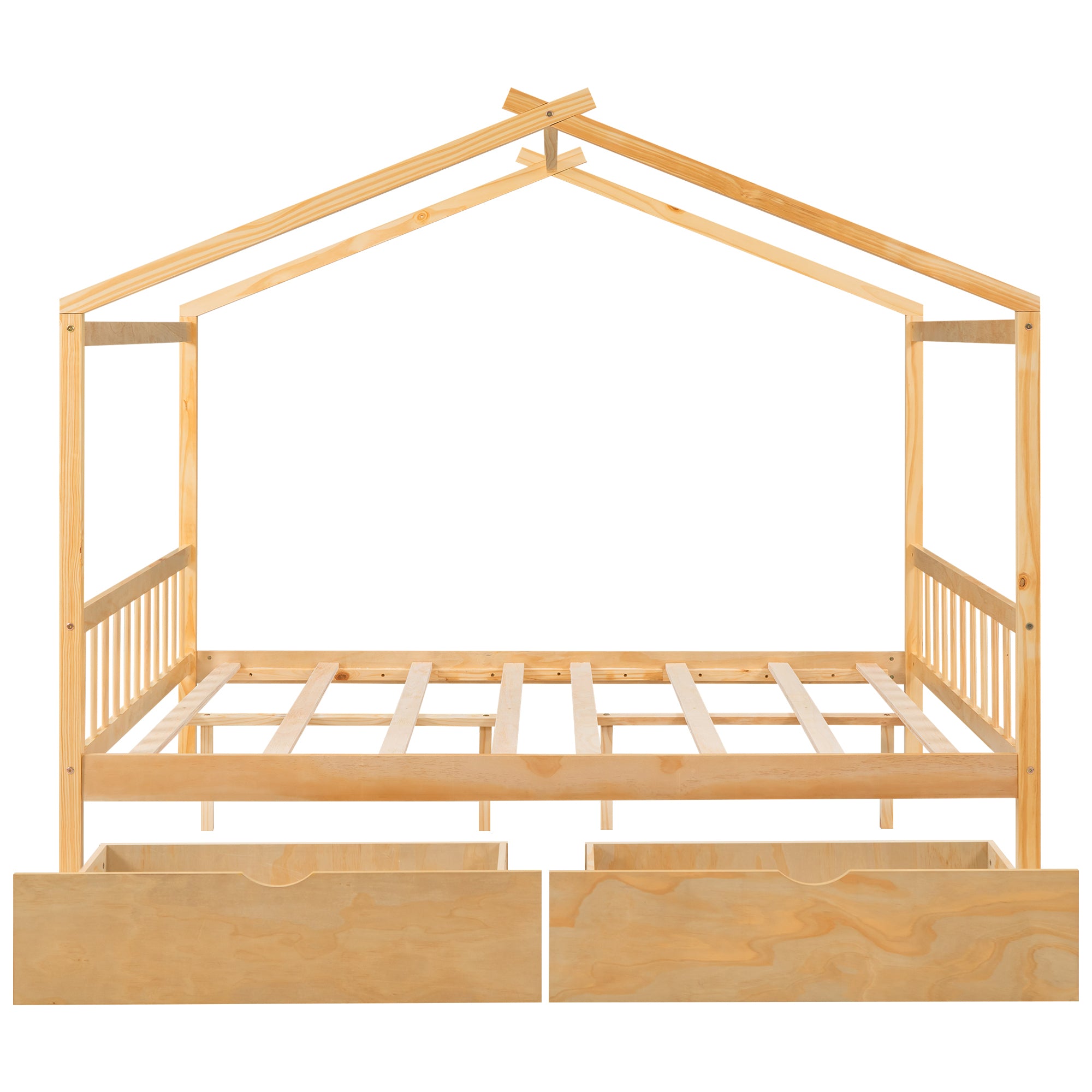 Full Size House Platform Bed with Two natural-pine