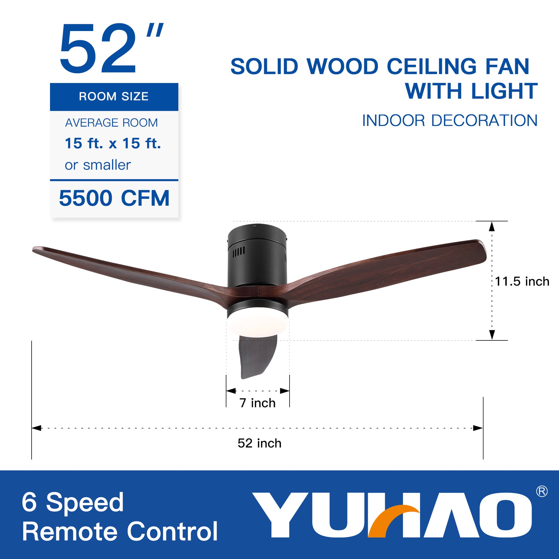 52 In.Intergrated Led Low Profile Ceiling Fan Lighting With Brown Solid Wood Blade Walnut Metal & Wood