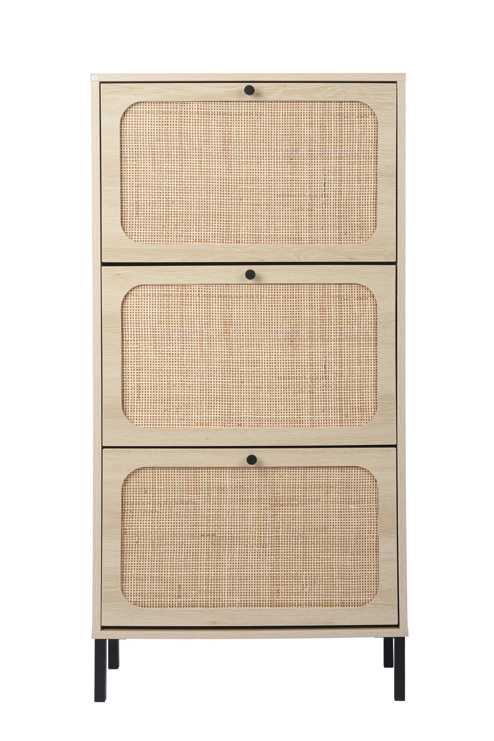 Natural Rattan 3 Door Shoe Rack, Freestanding Modern Shoe Storage Cabinet, For Entryway White Walnut Particle Board