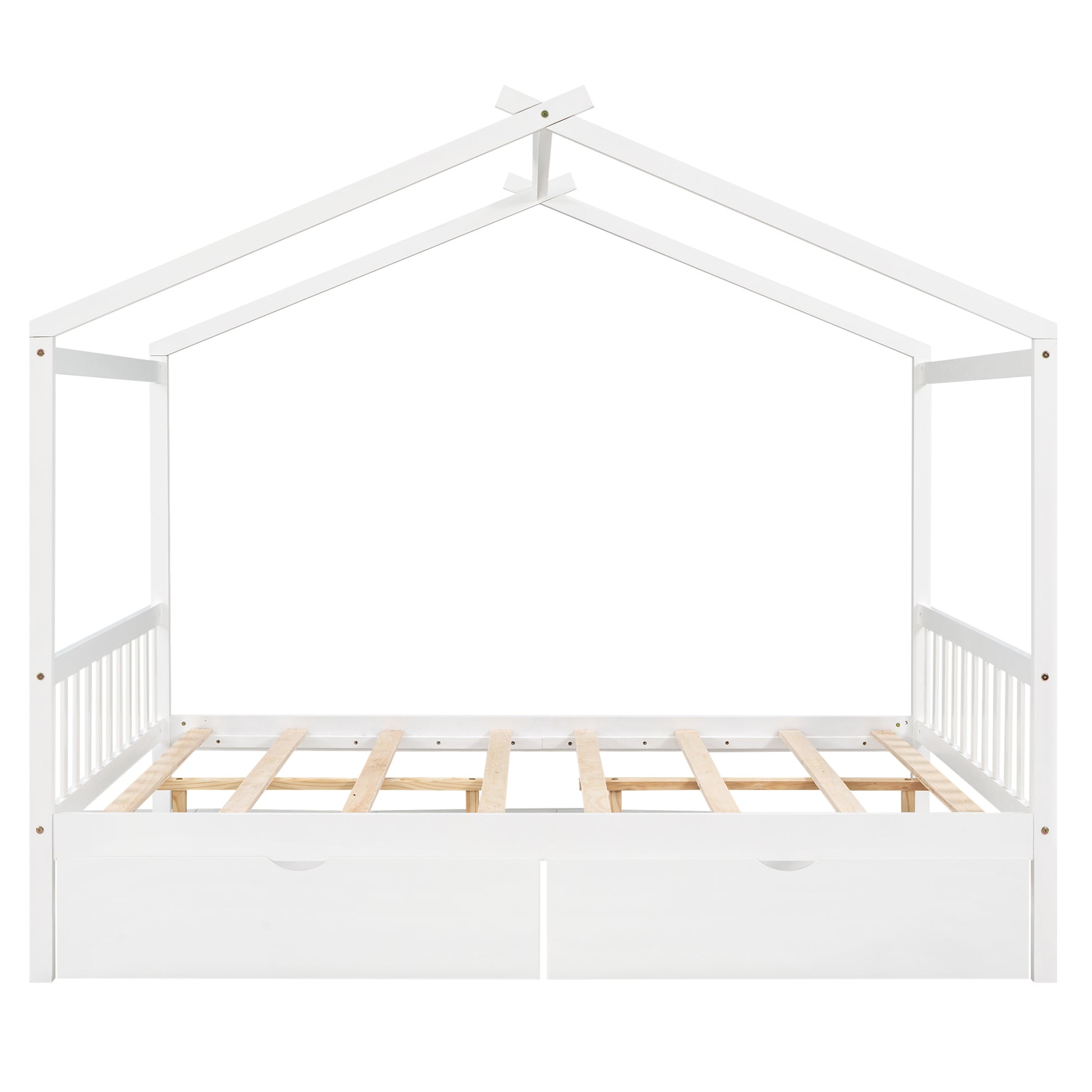 Full Size House Platform Bed With Two Drawers,Headboard And Footboard,Roof Design,White White Pine