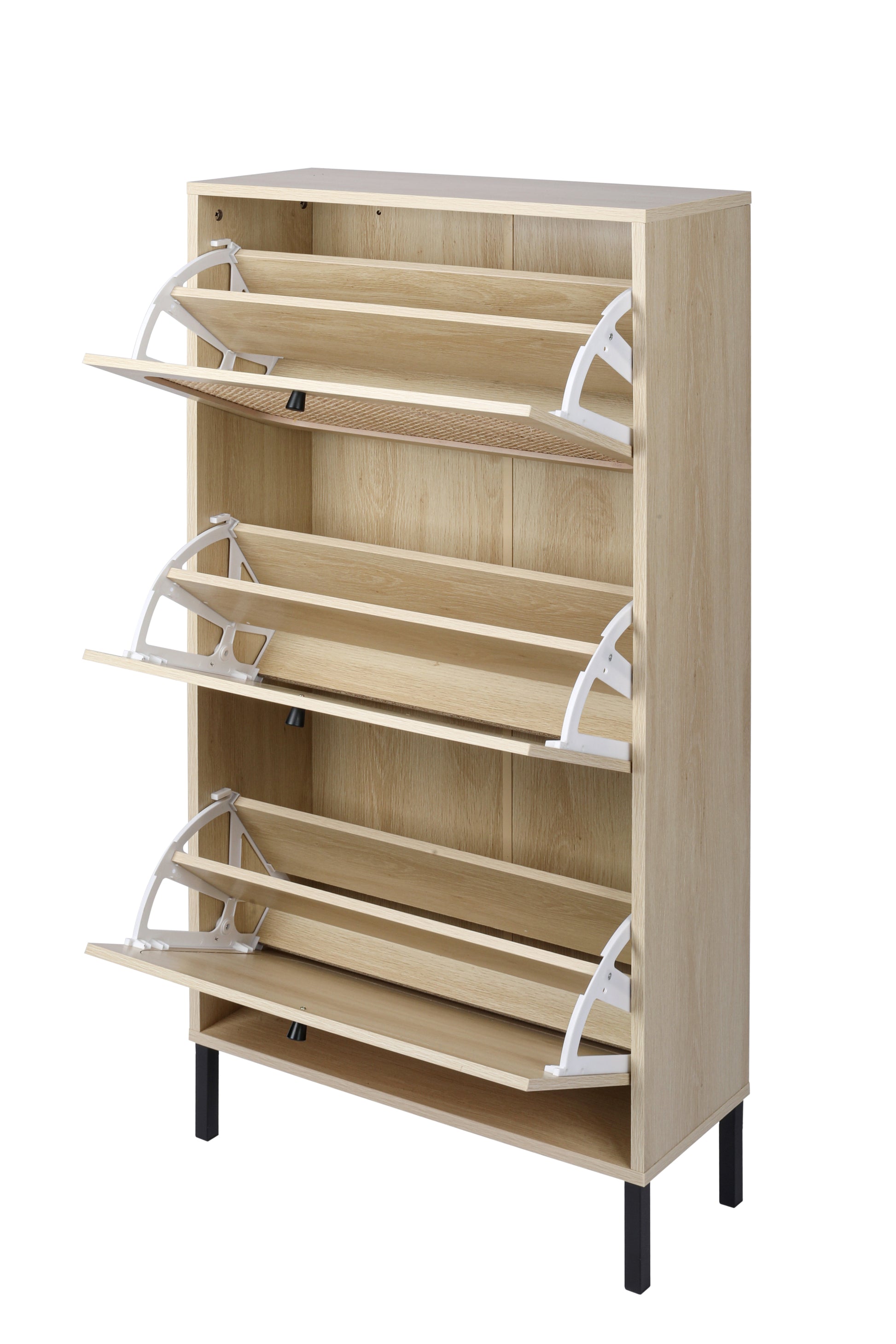 Natural Rattan 3 Door Shoe Rack, Freestanding Modern Shoe Storage Cabinet, For Entryway White Walnut Particle Board