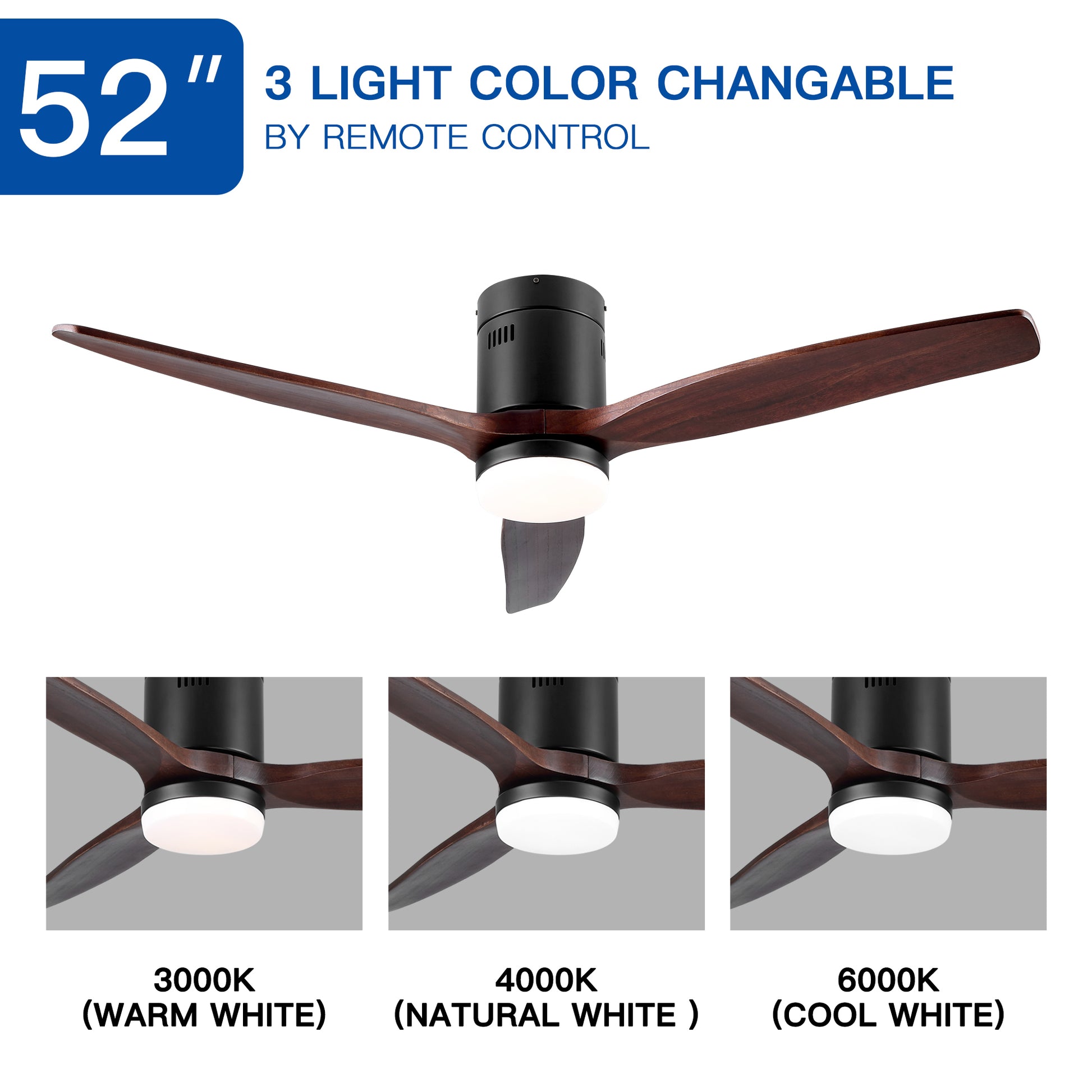 52 In.Intergrated Led Low Profile Ceiling Fan Lighting With Brown Solid Wood Blade Walnut Metal & Wood