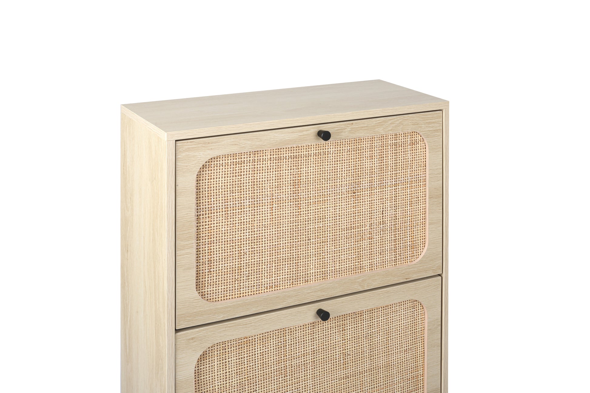 Natural Rattan 3 Door Shoe Rack, Freestanding Modern Shoe Storage Cabinet, For Entryway White Walnut Particle Board