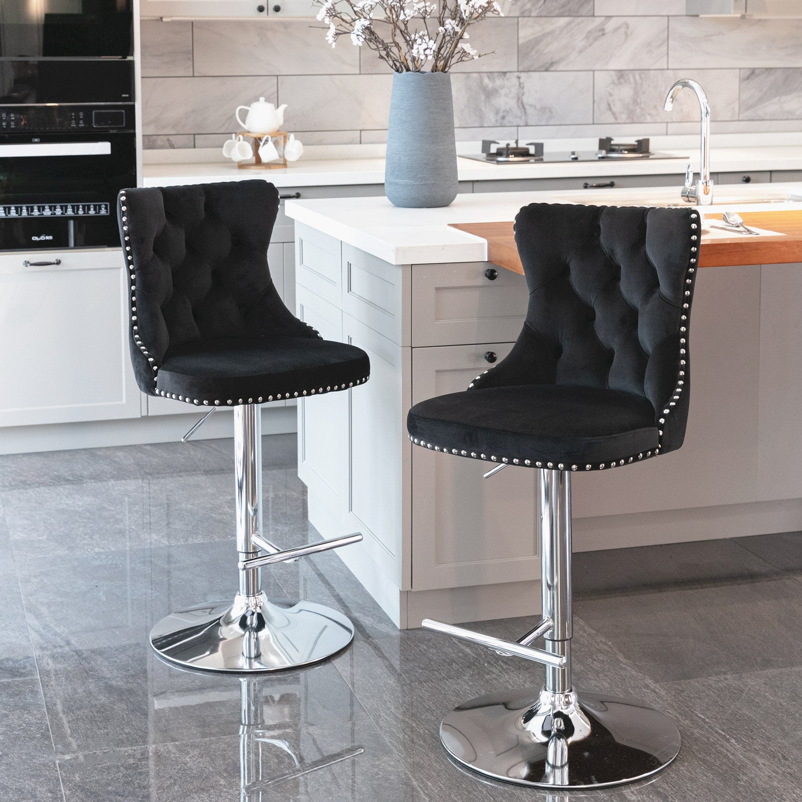 Swivel Velvet Barstools Adjusatble Seat Height From 25 33 Inch, Modern Upholstered Chrome Base Bar Stools With Backs Comfortable Tufted For Home Pub And Kitchen Island Black,Set Of 2 Black Foam Velvet