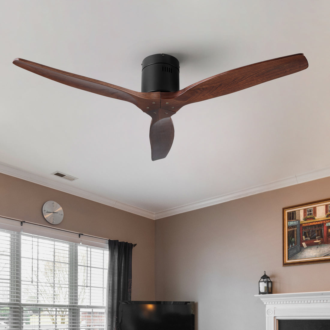 52 In.Solid Wood Blade Low Profile Ceiling Fan Without Light Walnut Wood Metal