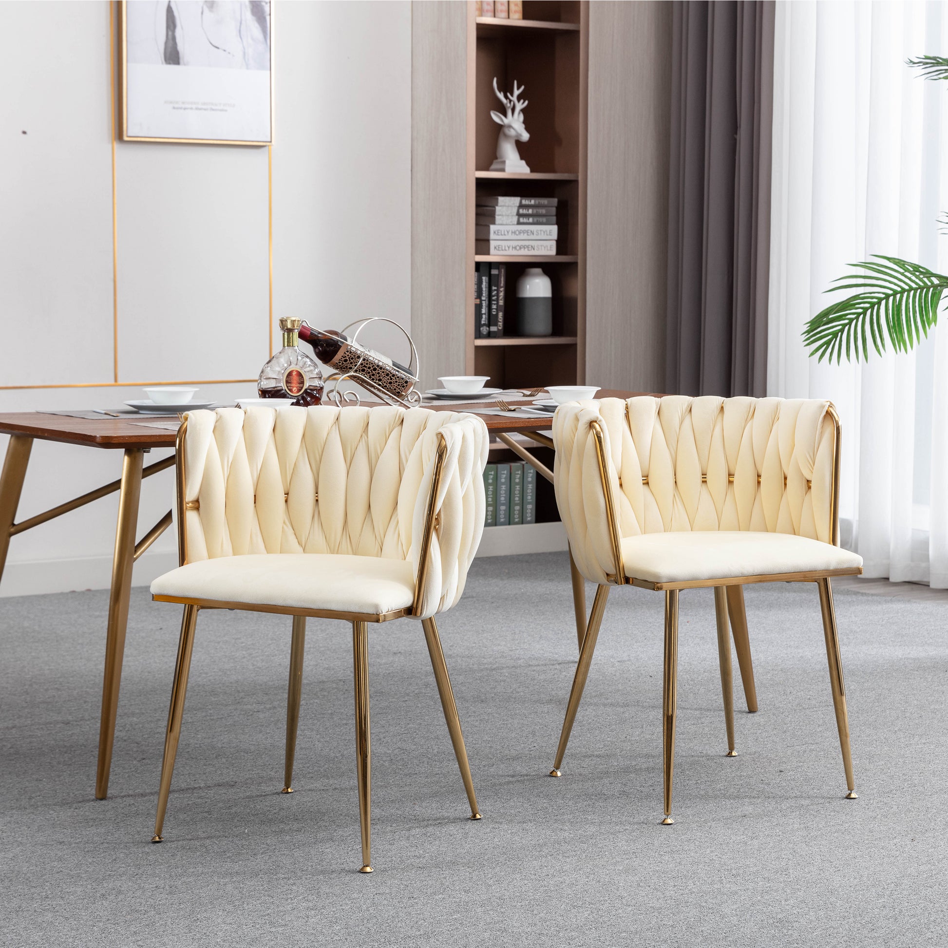 Modern Design Golden Metal Frame Velvet Fabric Dining Chair With Golden Legs,Set Of 2,Ivory Ivory Foam Fabric