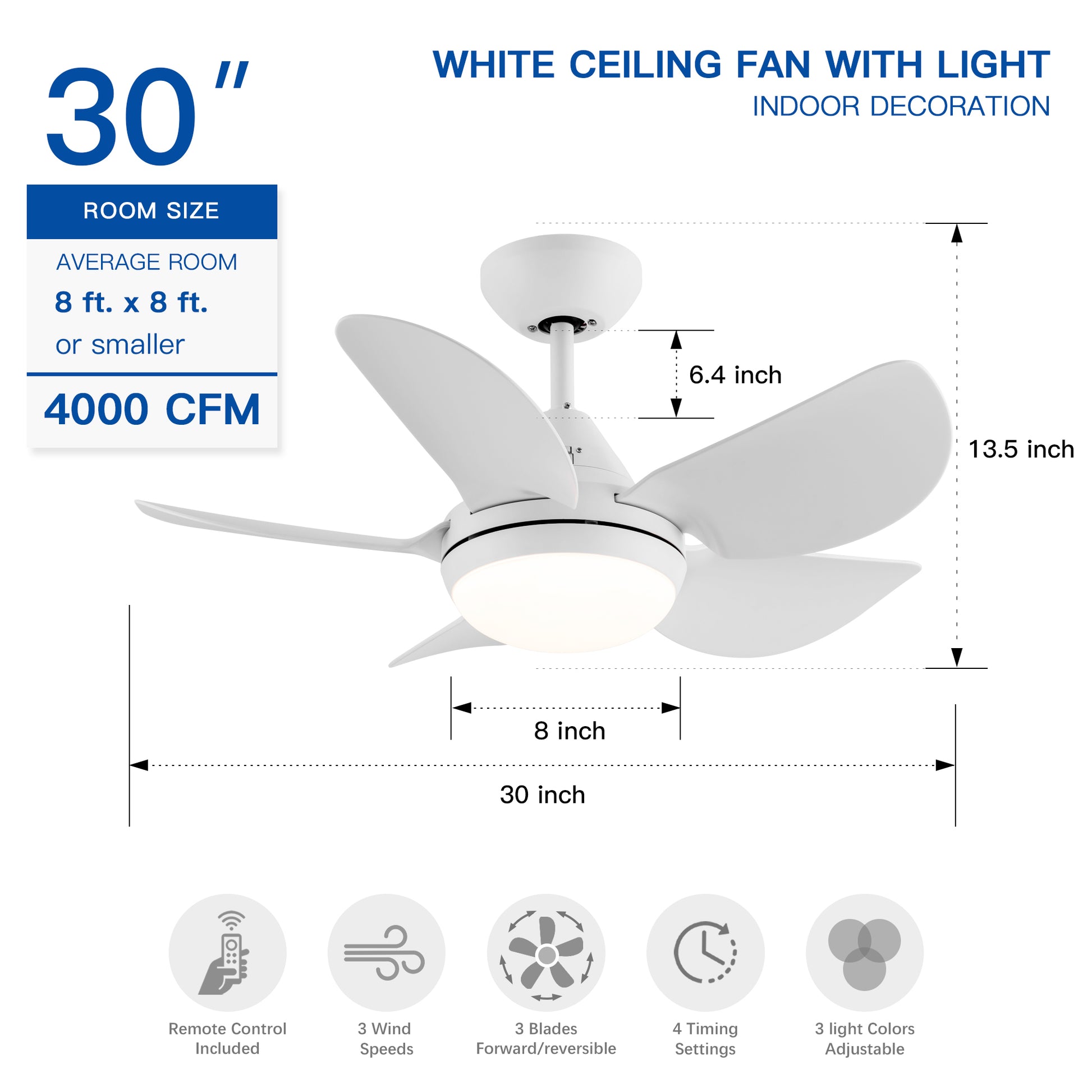 30 In Intergrated Led Ceiling Fan Lighting With White Abs Blade White Abs