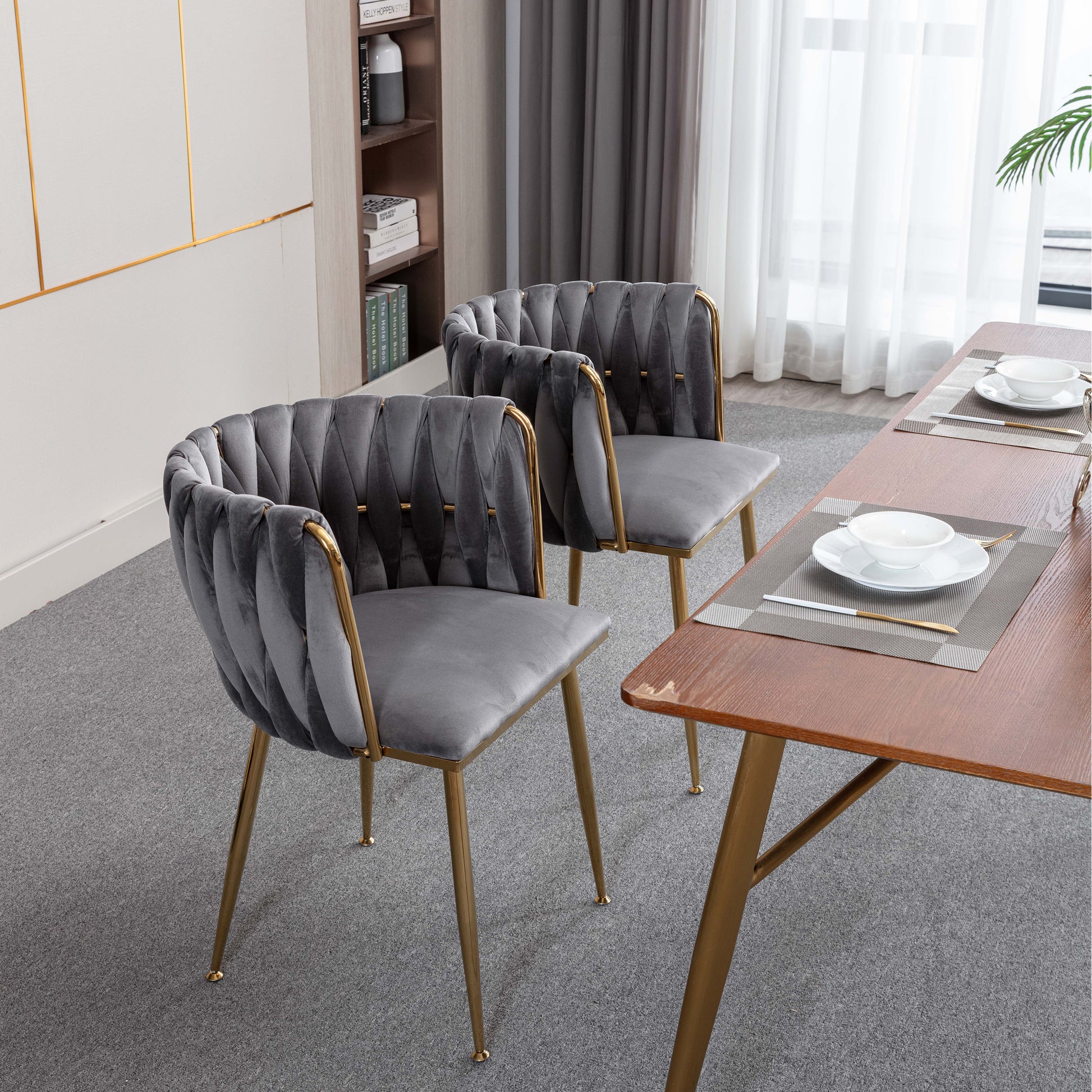 Modern Design Golden Metal Frame Velvet Fabric Dining Chair With Golden Legs,Set Of 2,Grey Grey Foam Fabric