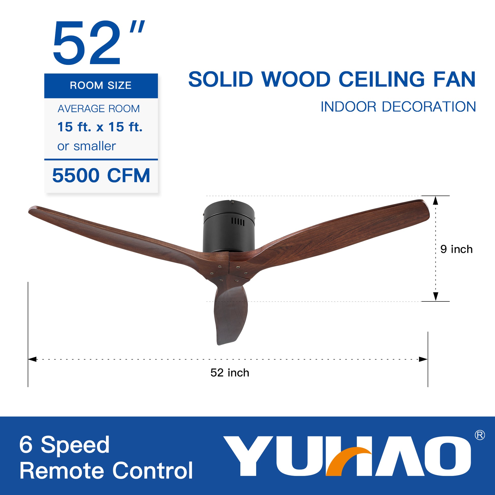 52" Yuhao Farmhouse Rustic Ceiling Fan Without Light Matte Black With Solid Wood Blade Walnut Wood Metal