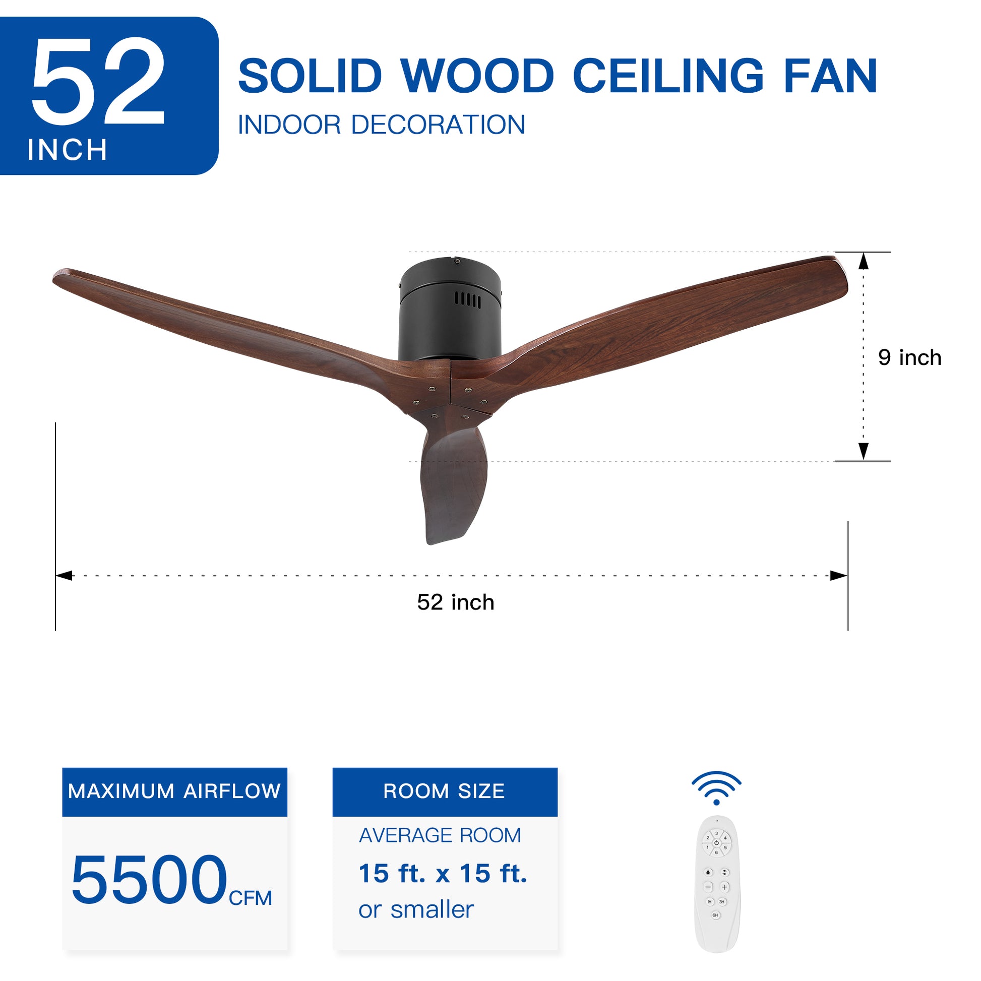 52 In.Solid Wood Blade Low Profile Ceiling Fan Without Light Walnut Wood Metal