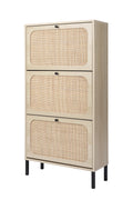 Natural Rattan 3 Door Shoe Rack, Freestanding Modern Shoe Storage Cabinet, For Entryway White Walnut Particle Board