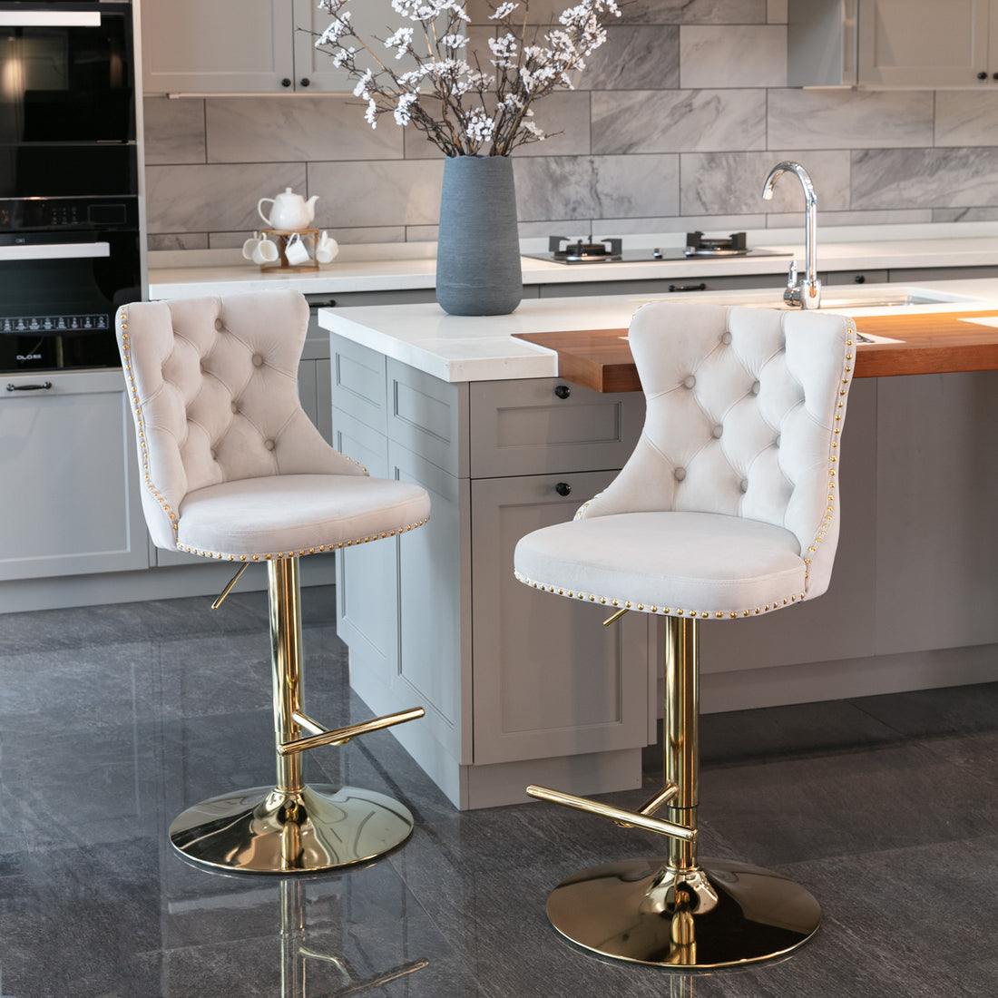 Golden Swivel Velvet Barstools Adjusatble Seat Height From 25 33 Inch,Modern Upholstered Bar Stools With Backs Comfortable Tufted For Home Pub And Kitchen Island,Beige,Set Of 2 Beige American Design Set Of 2 Foam Velvet