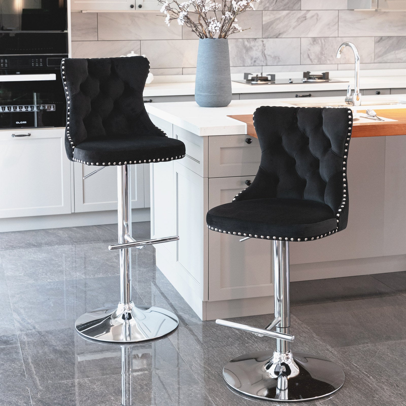 Swivel Velvet Barstools Adjusatble Seat Height From 25 33 Inch, Modern Upholstered Chrome Base Bar Stools With Backs Comfortable Tufted For Home Pub And Kitchen Island Black,Set Of 2 Black Foam Velvet