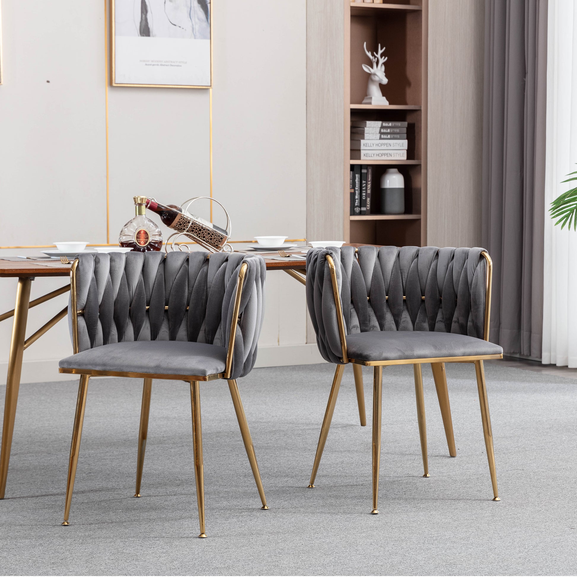 Modern Design Golden Metal Frame Velvet Fabric Dining Chair With Golden Legs,Set Of 2,Grey Grey Foam Fabric