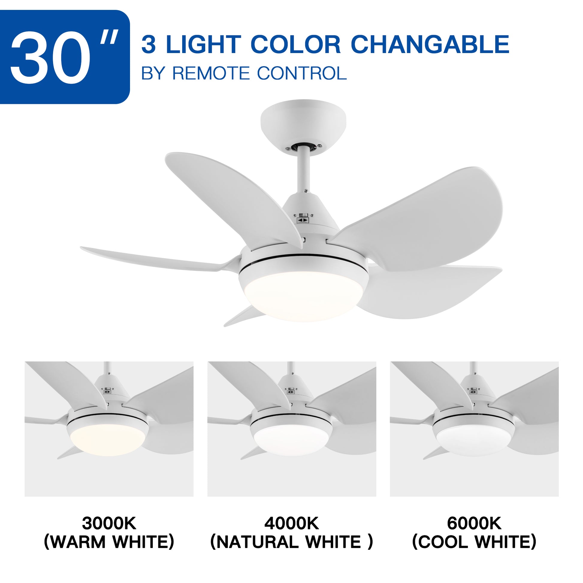 30 In Intergrated Led Ceiling Fan Lighting With White Abs Blade Matte White Abs