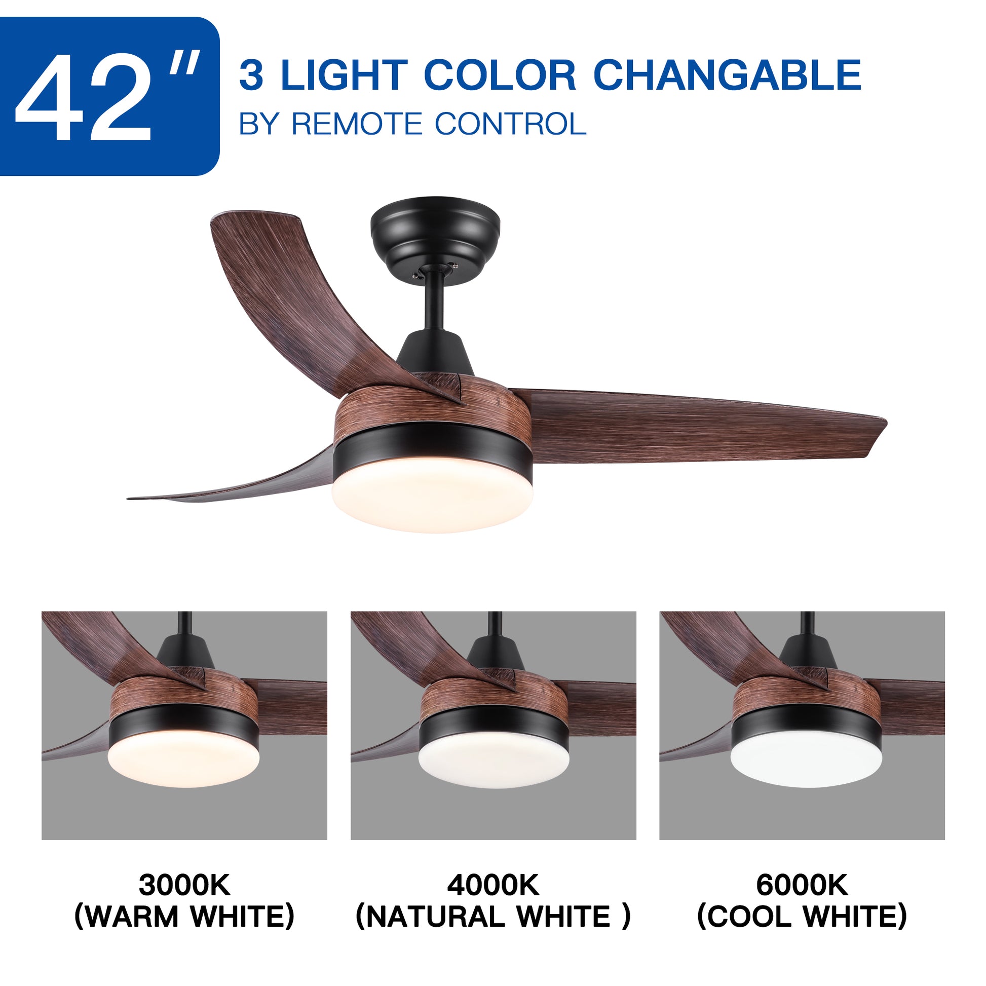 42" Yuhao Farmhouse Rustic Led Ceiling Fan With Brown Wood Grain Abs Blades And Remote Control Brown Abs