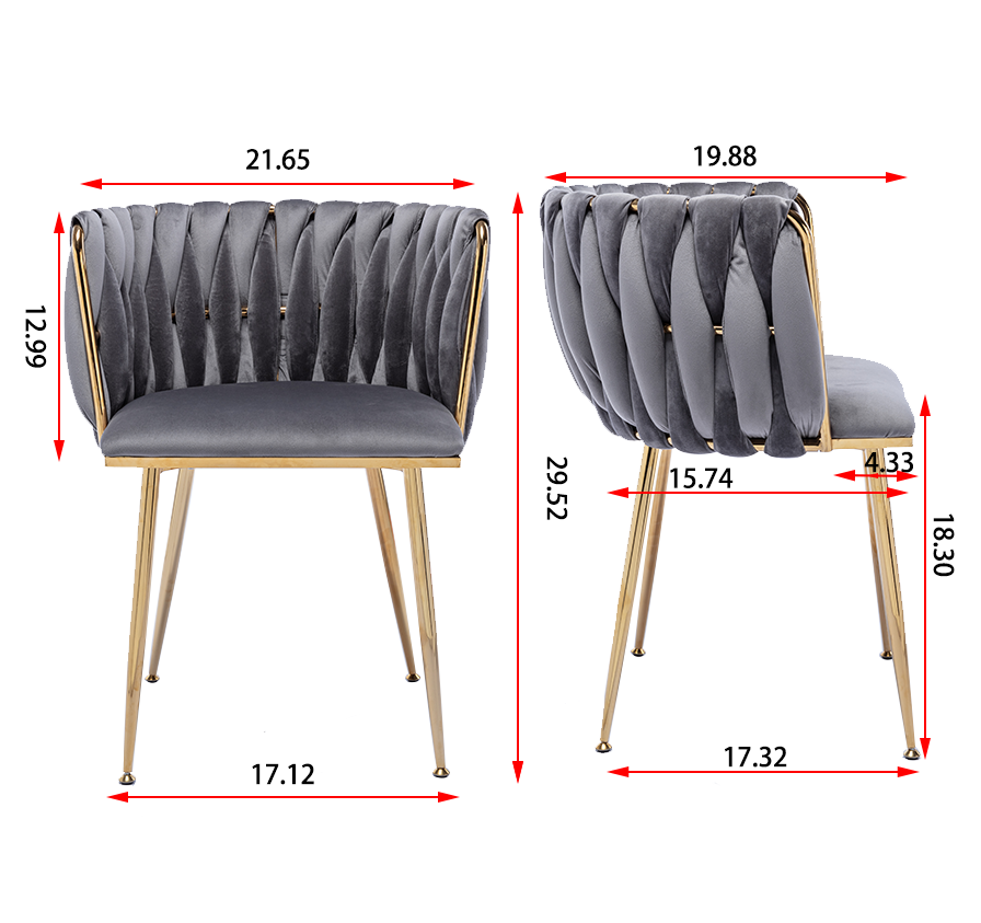 Modern Design Golden Metal Frame Velvet Fabric Dining Chair With Golden Legs,Set Of 2,Grey Grey Foam Fabric