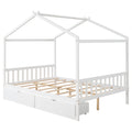 Full Size House Platform Bed With Two Drawers,Headboard And Footboard,Roof Design,White White Pine