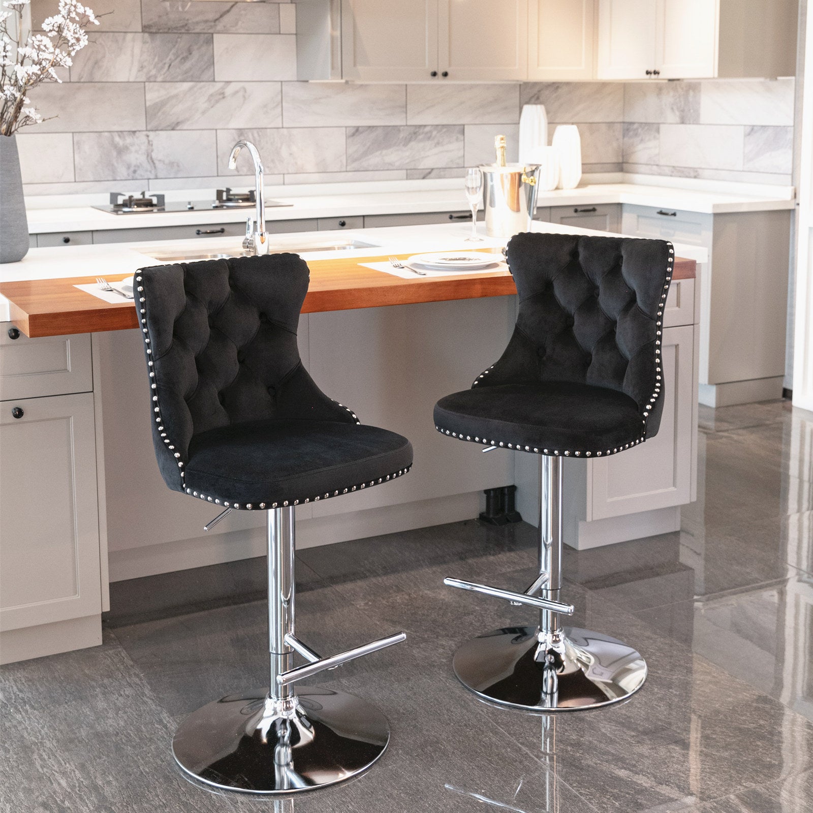 Swivel Velvet Barstools Adjusatble Seat Height From 25 33 Inch, Modern Upholstered Chrome Base Bar Stools With Backs Comfortable Tufted For Home Pub And Kitchen Island Black,Set Of 2 Black Foam Velvet