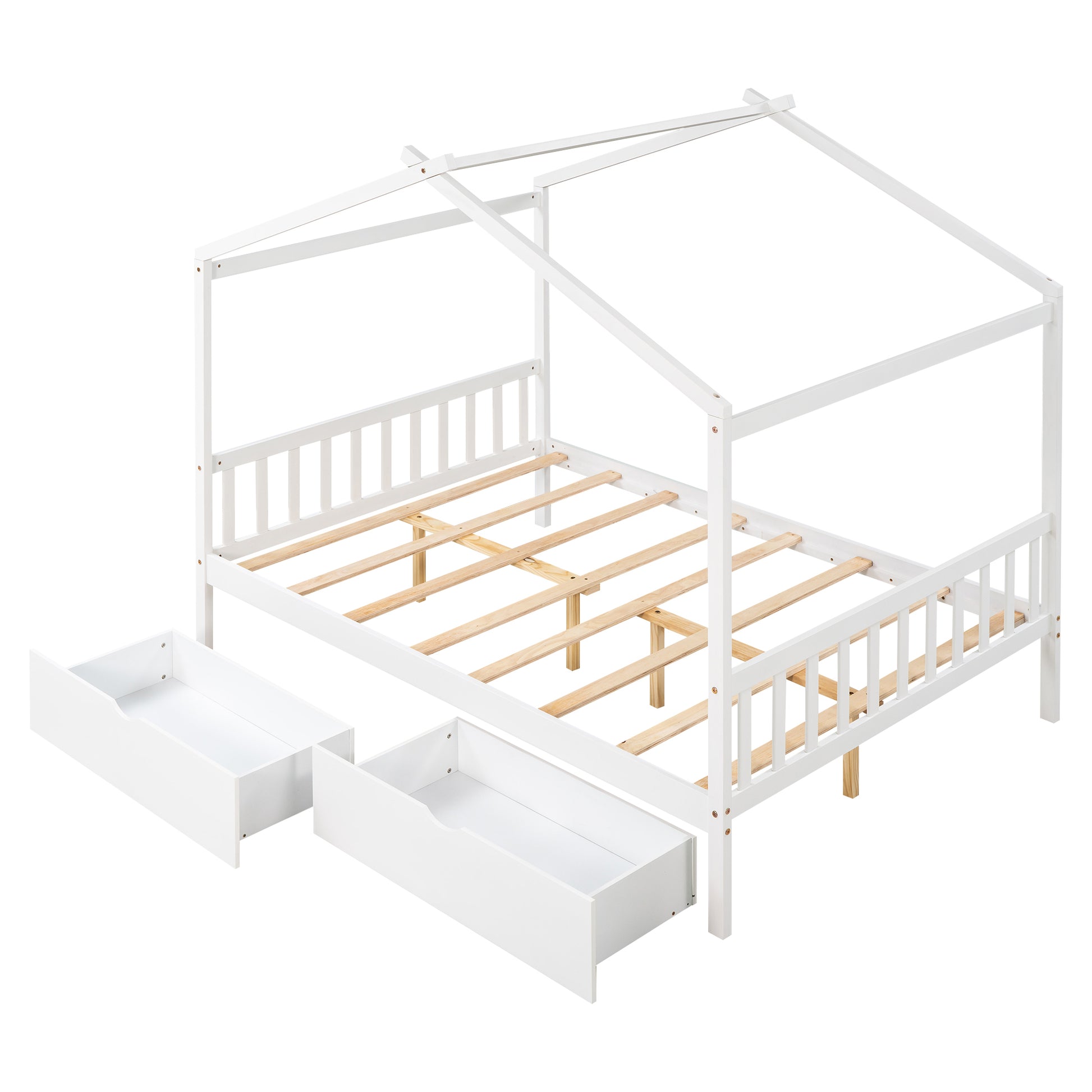 Full Size House Platform Bed With Two Drawers,Headboard And Footboard,Roof Design,White White Pine