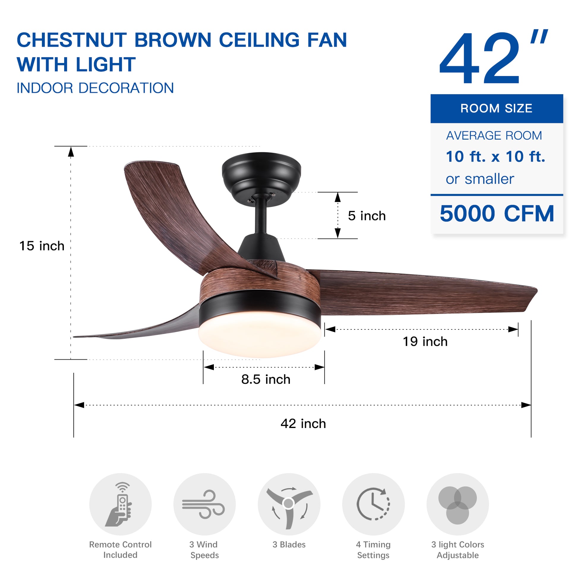 42" Yuhao Farmhouse Rustic Led Ceiling Fan With Brown Wood Grain Abs Blades And Remote Control Brown Abs